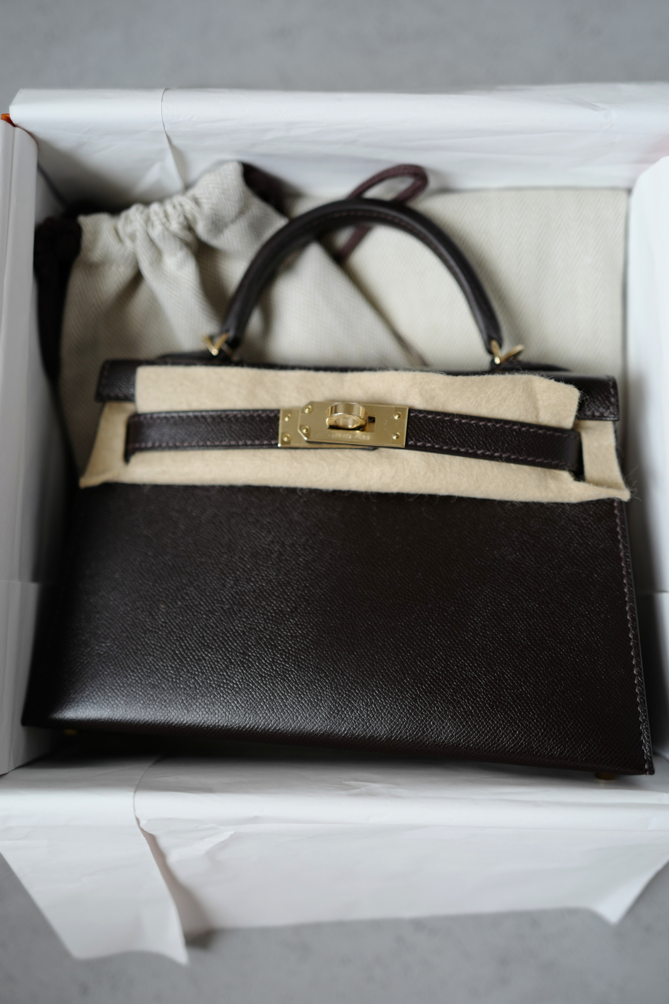Hermès Mini Kelly 20 Bag in Bai Brun Veau Madame Leather with Permabrass Hardware K Stamp