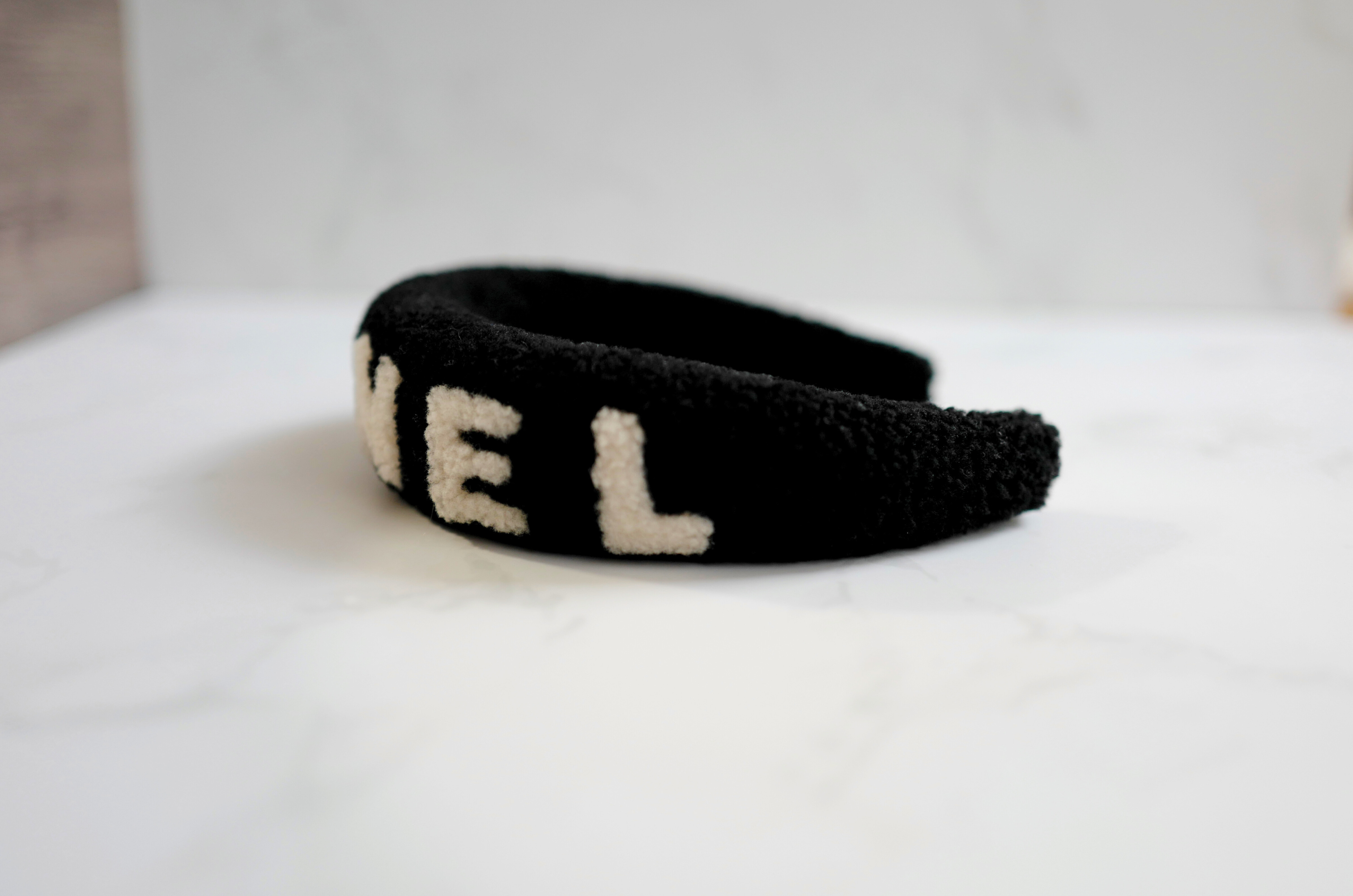 NEW Chanel Headband Shearling Black Ecru Logo Hair Accessories
