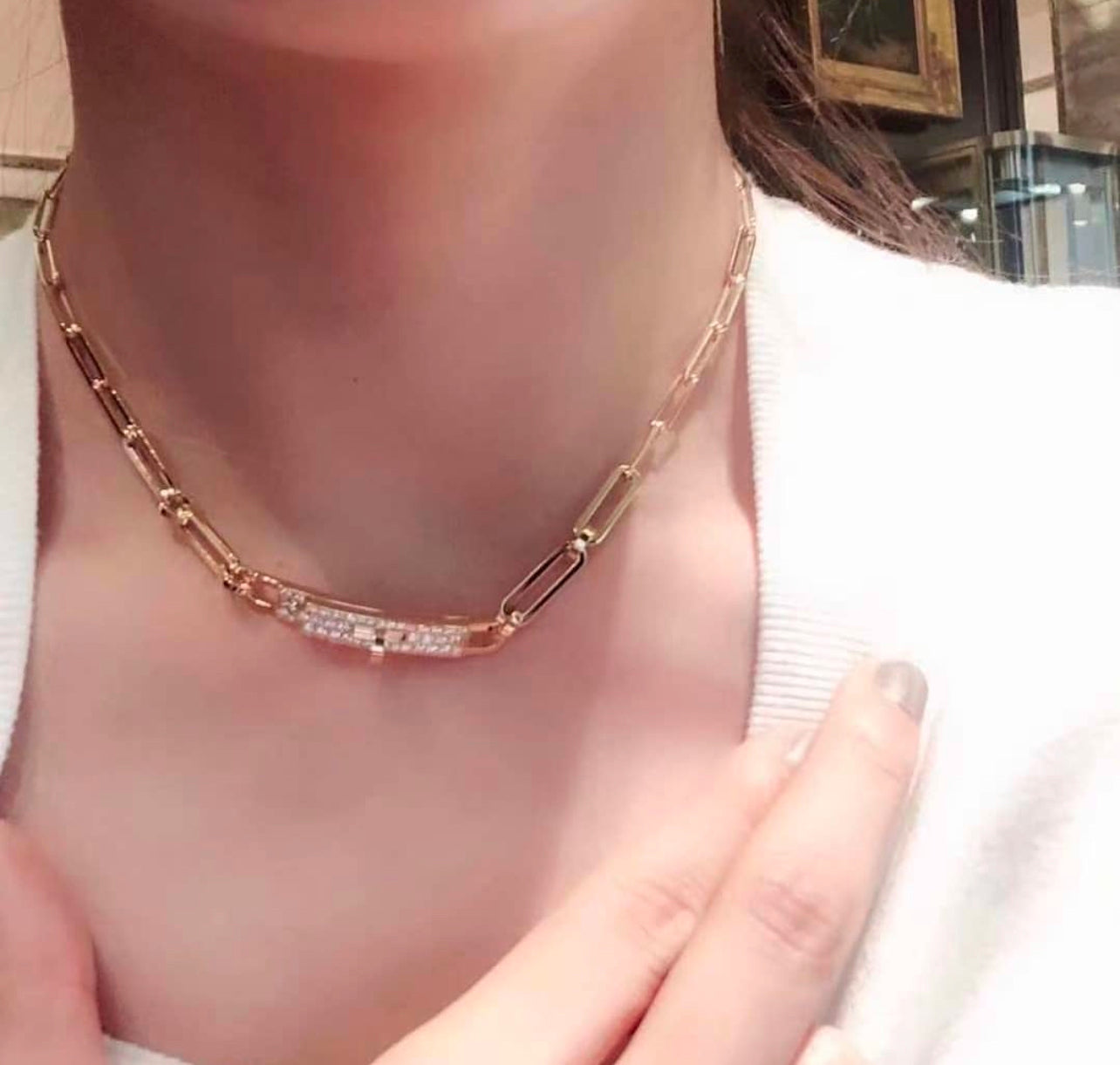 BNIB Hermes Kelly chaine Double Chain/Choker necklace diamonds Yellow Gold