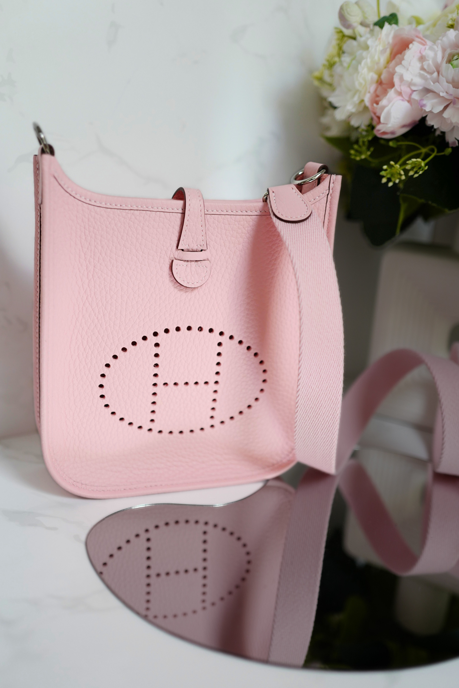 BNIB Hermès Mini Evelyne Bag Rose Sakura Clemence Leather Palladium Hardware
