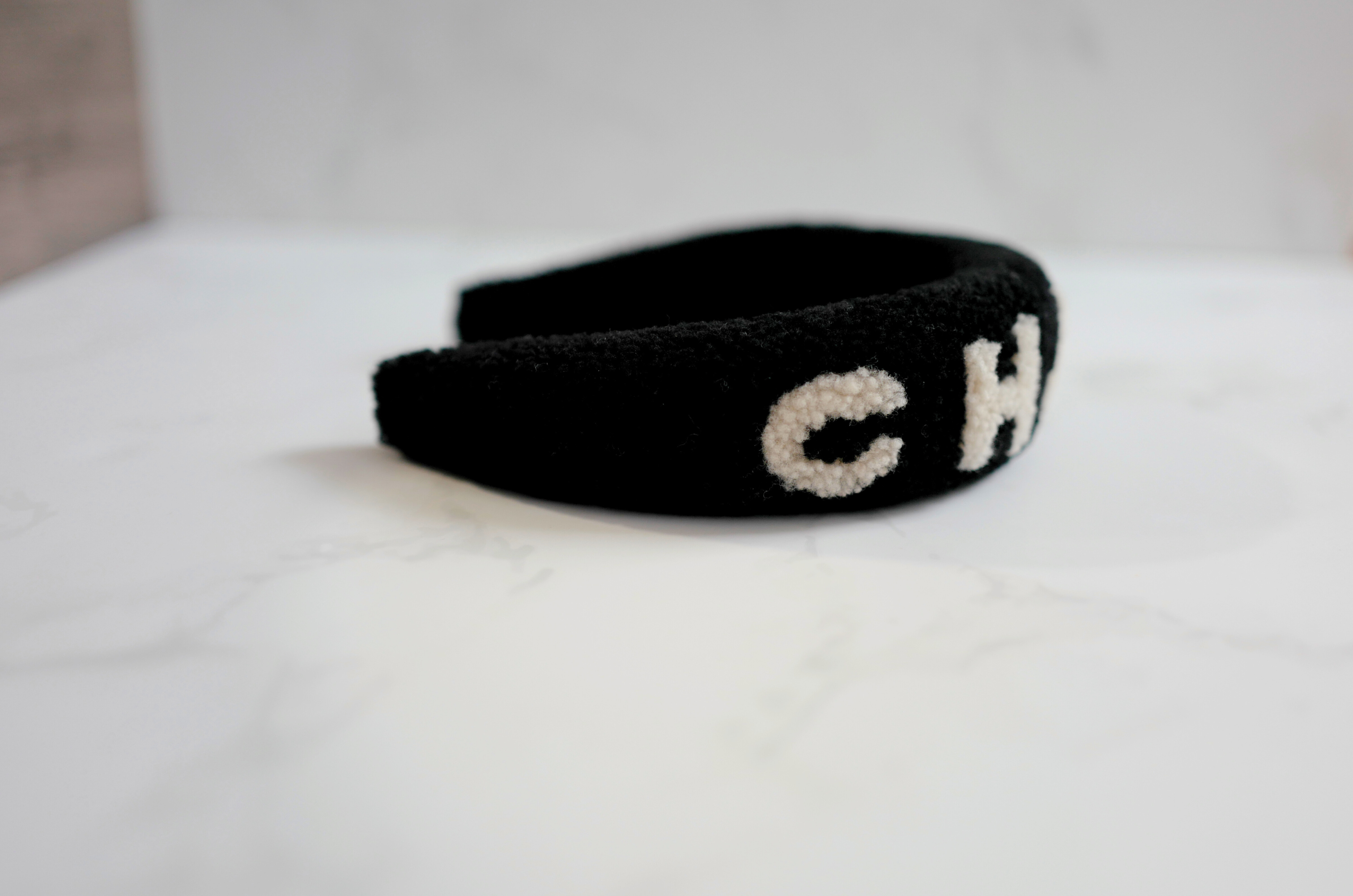 NEW Chanel Headband Shearling Black Ecru Logo Hair Accessories