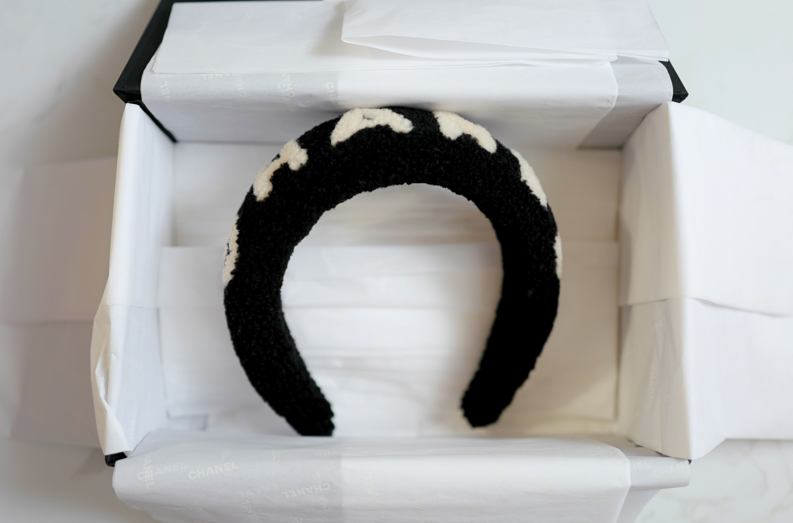 NEW Chanel Headband Shearling Black Ecru Logo Hair Accessories