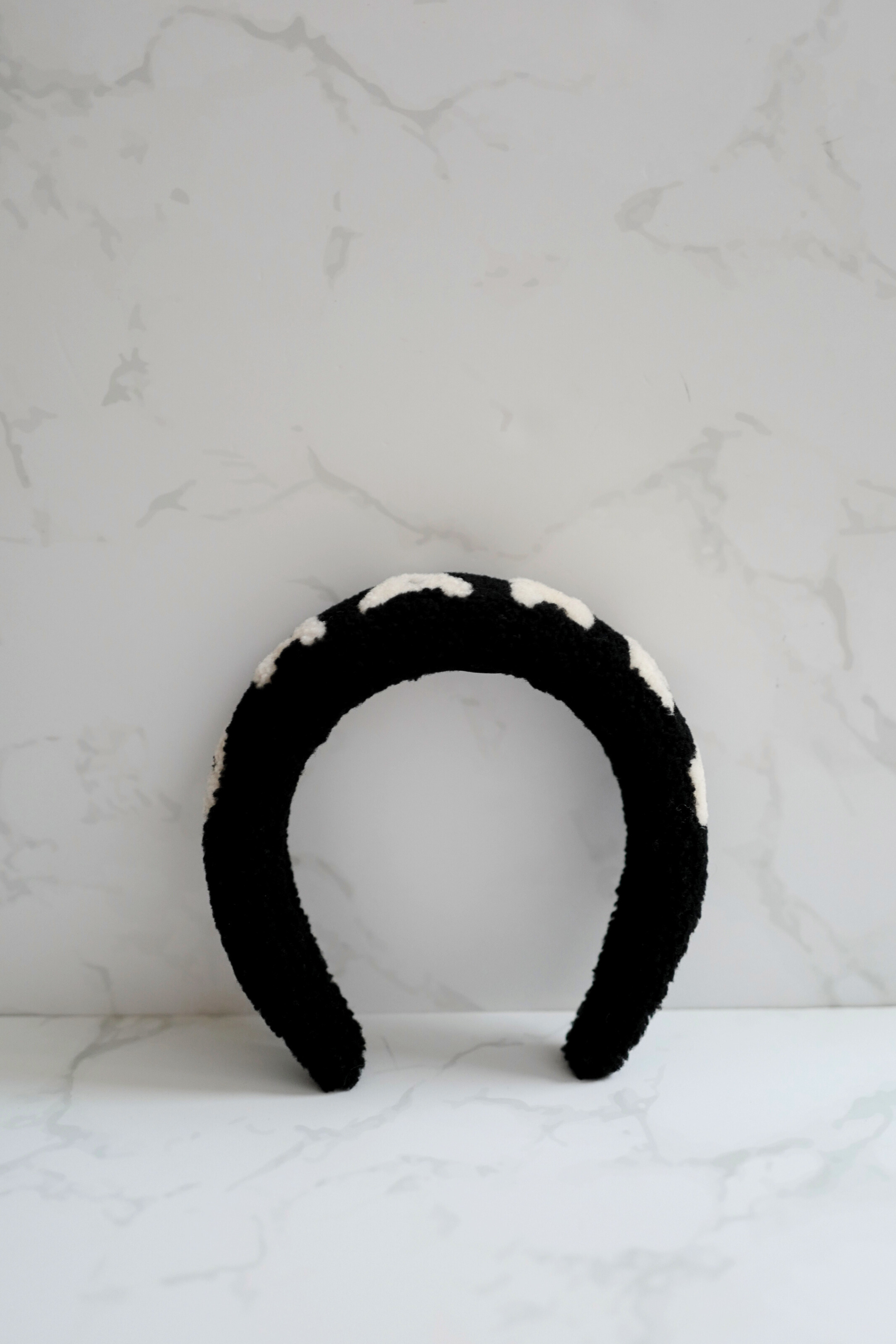 NEW Chanel Headband Shearling Black Ecru Logo Hair Accessories