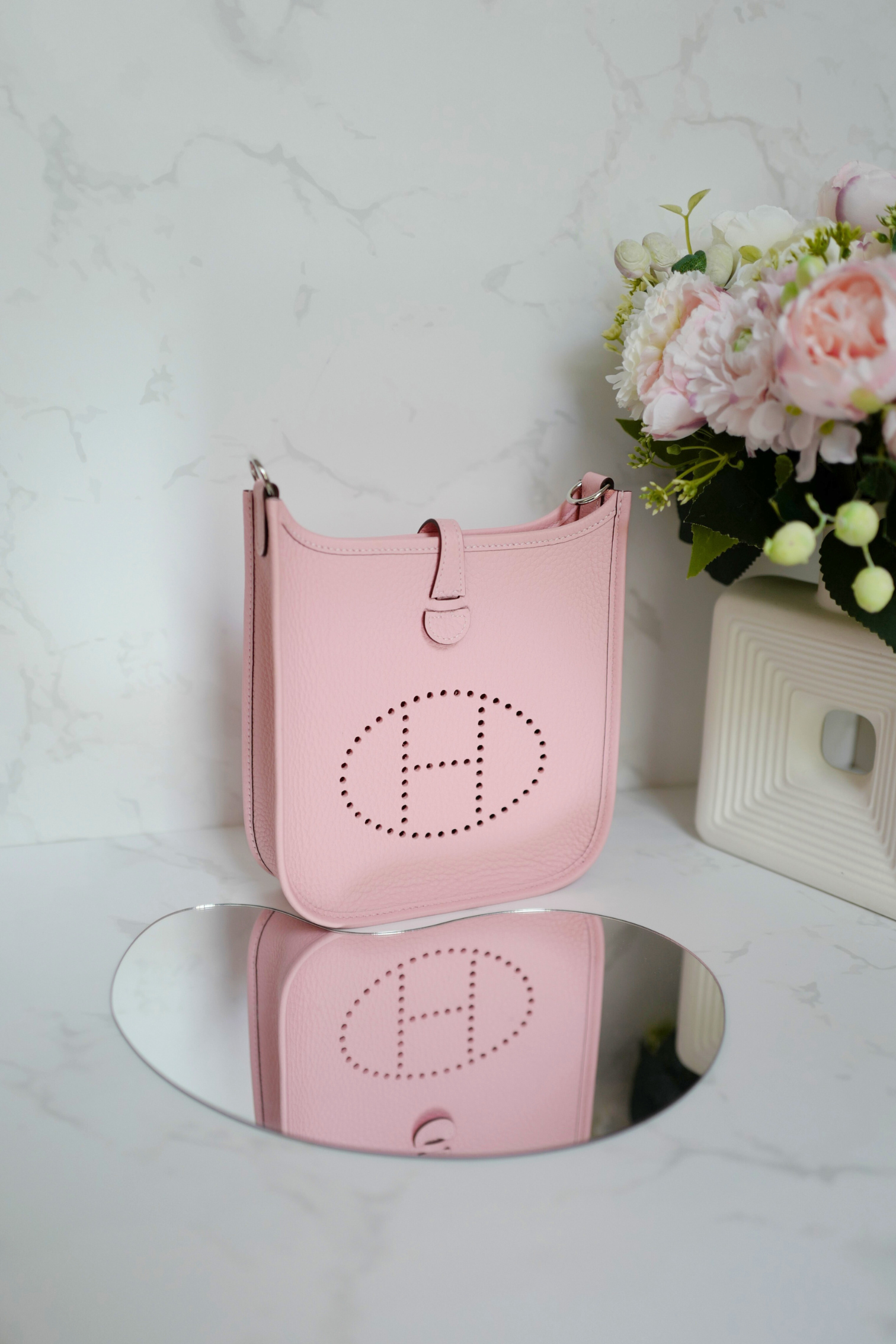 BNIB Hermès Mini Evelyne Bag Rose Sakura Clemence Leather Palladium Hardware