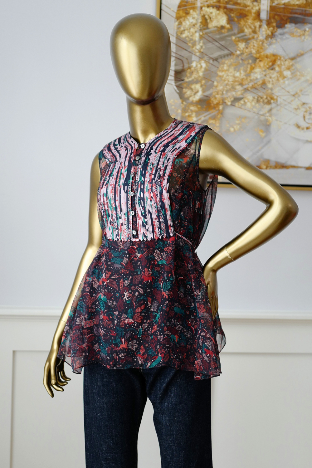 Hermes Silk Blouse Ennobli A Plastron Ox Bleu Marin Sleeveless 36 NEW Two Pcs