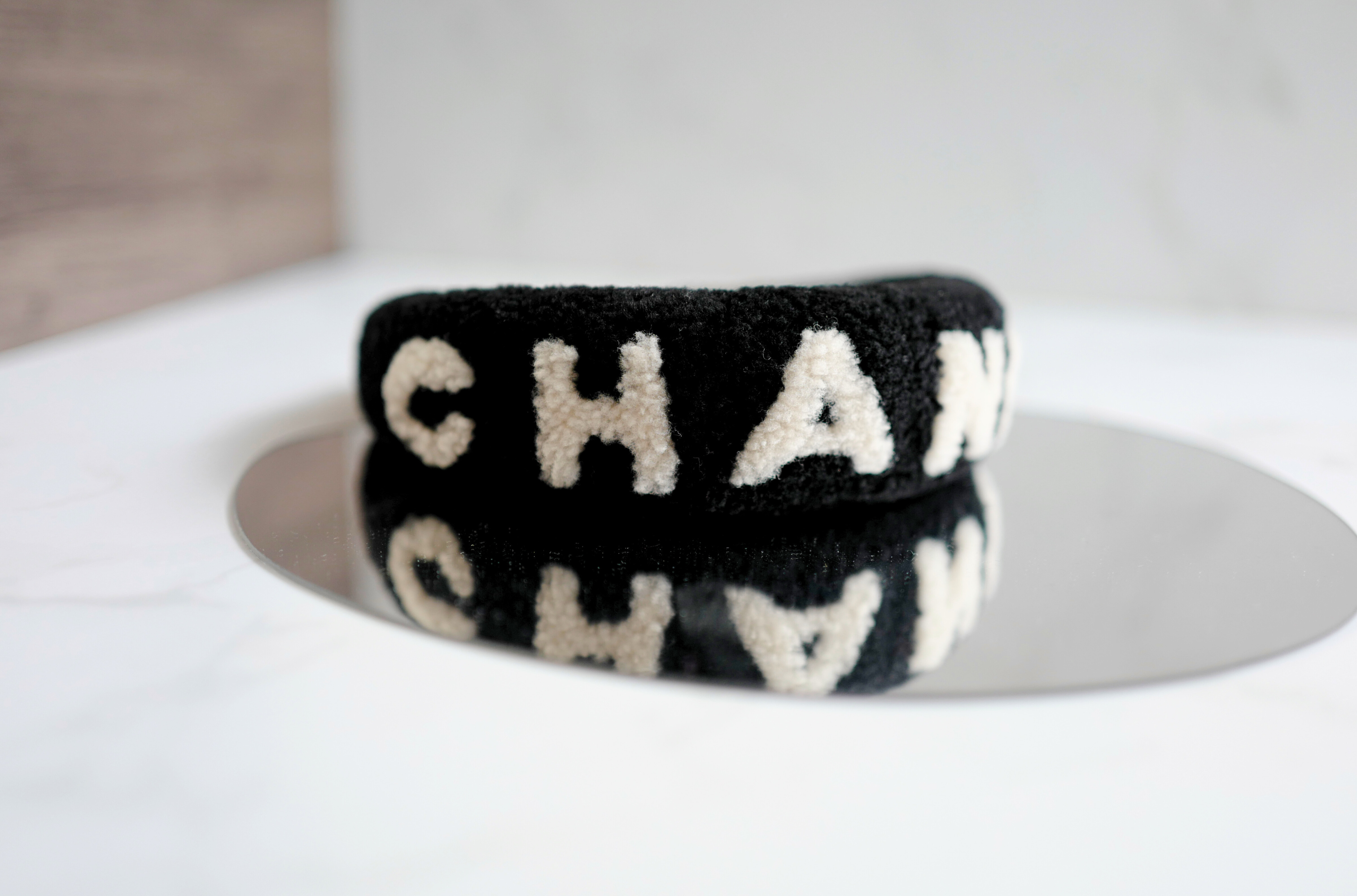 NEW Chanel Headband Shearling Black Ecru Logo Hair Accessories