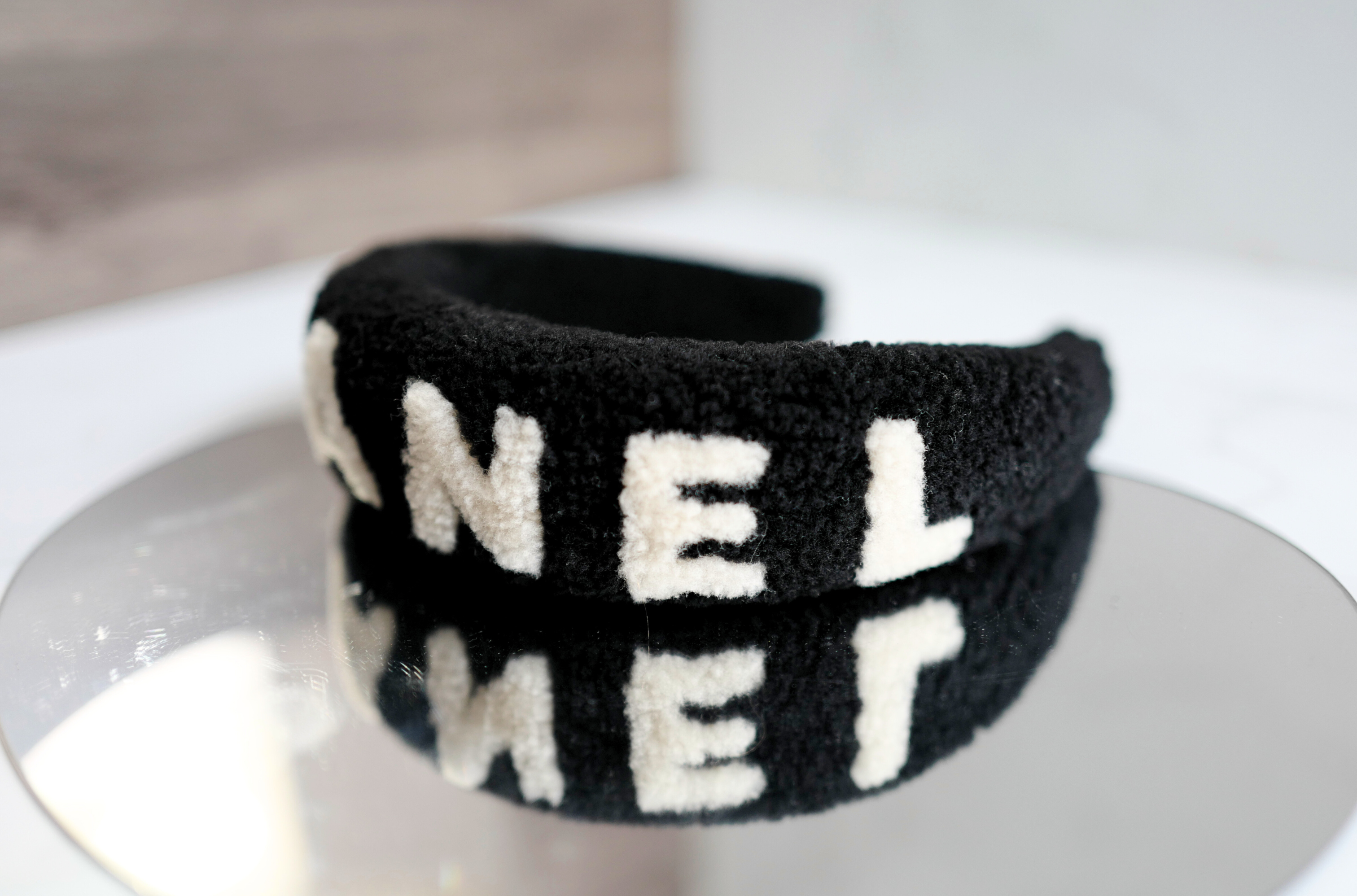 NEW Chanel Headband Shearling Black Ecru Logo Hair Accessories