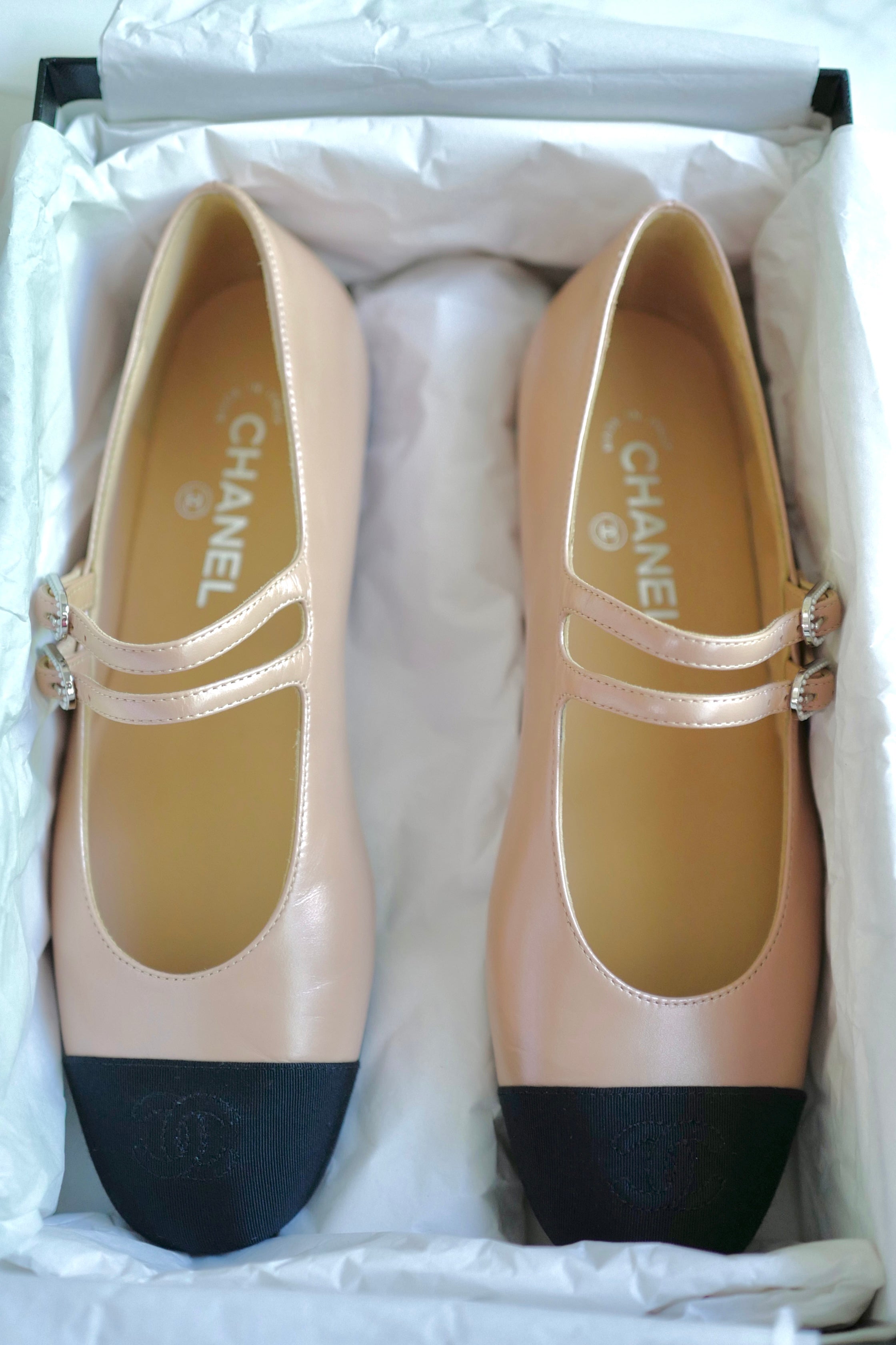 Chanel Lambskin Leather Mary Janes Flats Beige & Black With Straps Size 39