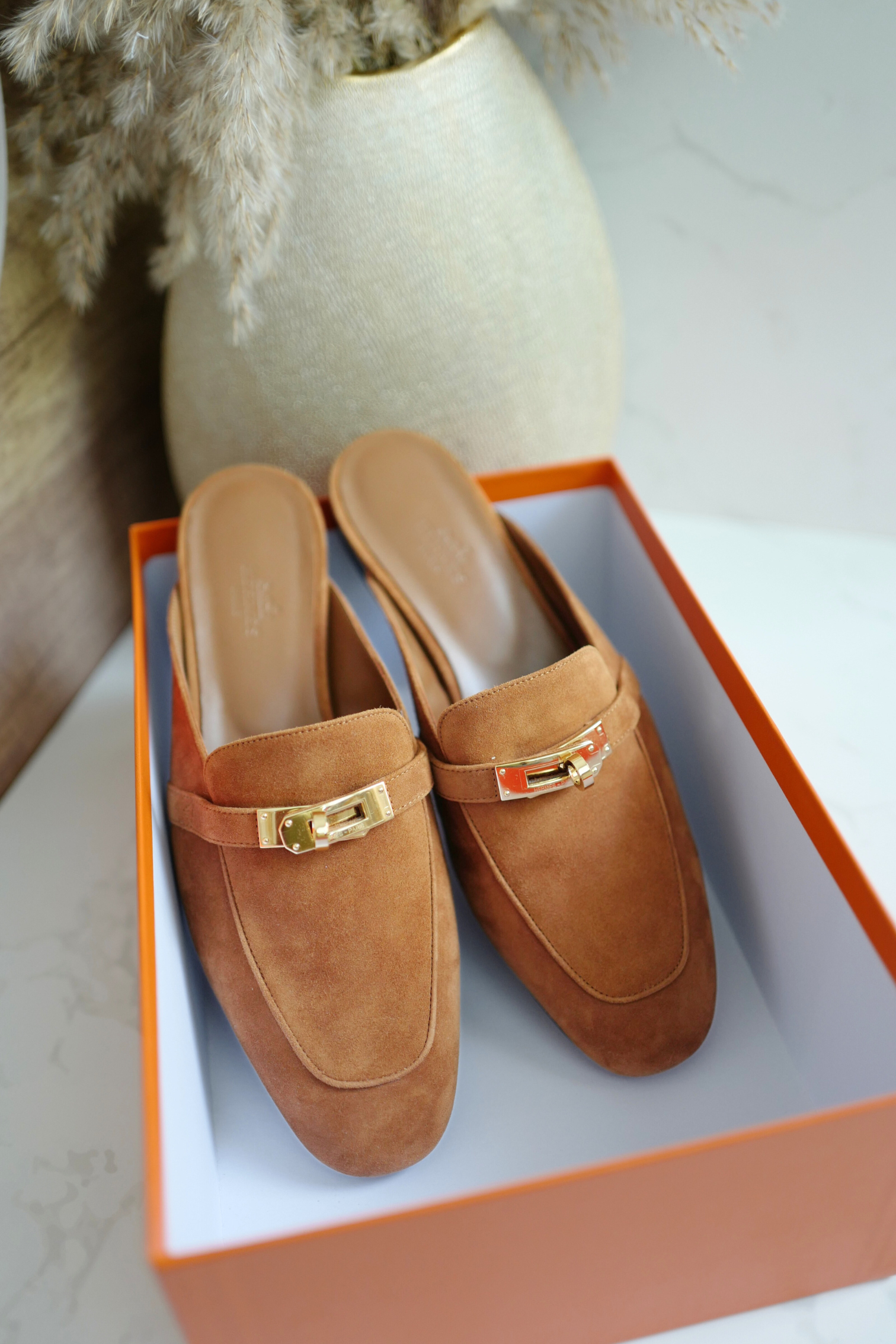 BNIB Hermès OZ Mule Velvet Goatskin Brun Amourette With Gold Hardware Size 39