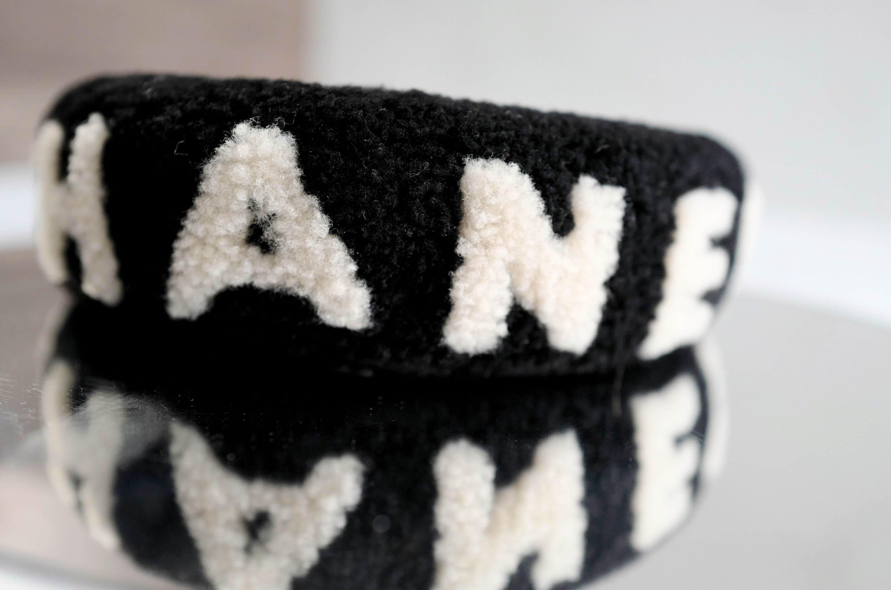 NEW Chanel Headband Shearling Black Ecru Logo Hair Accessories