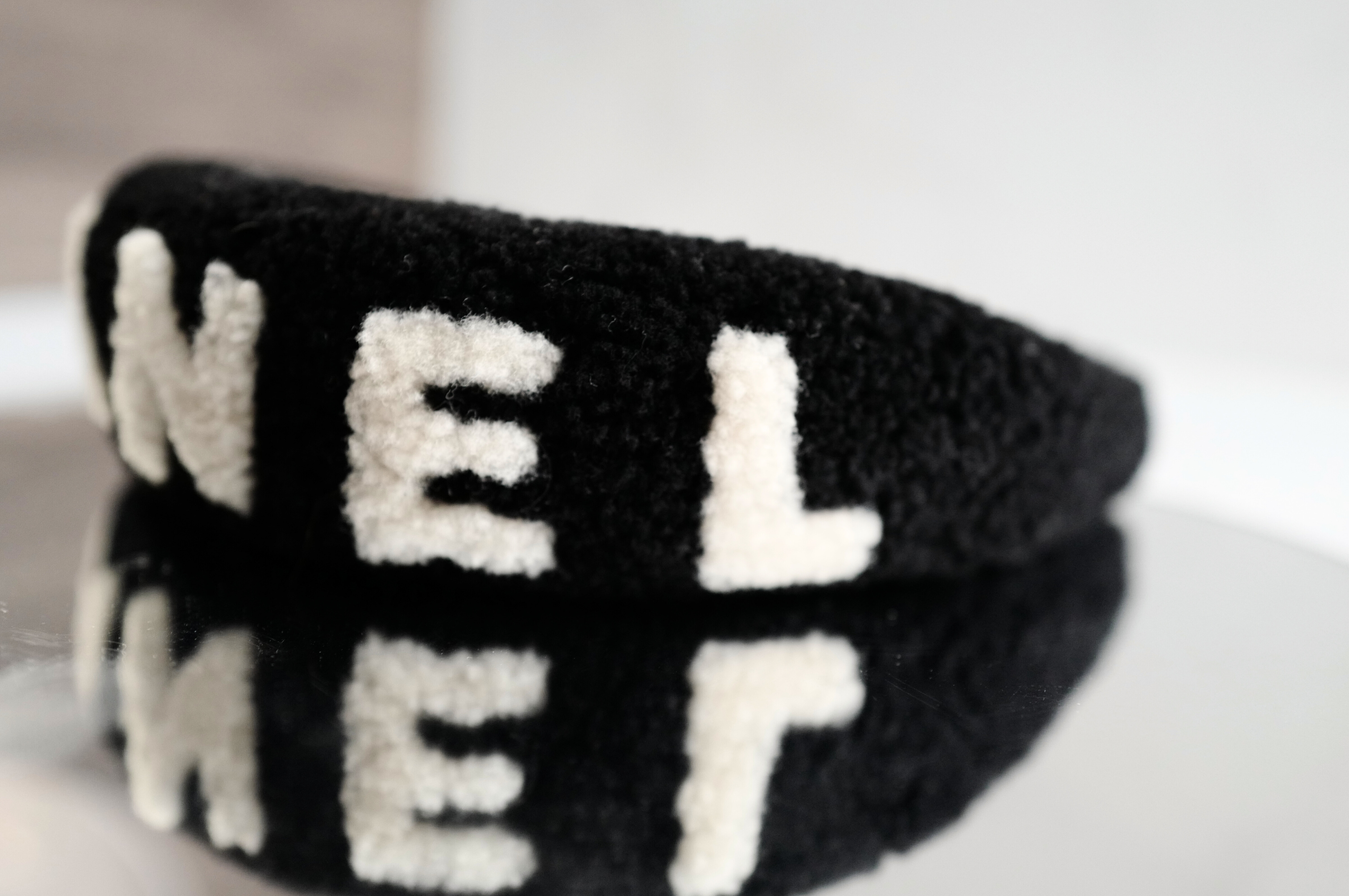 NEW Chanel Headband Shearling Black Ecru Logo Hair Accessories