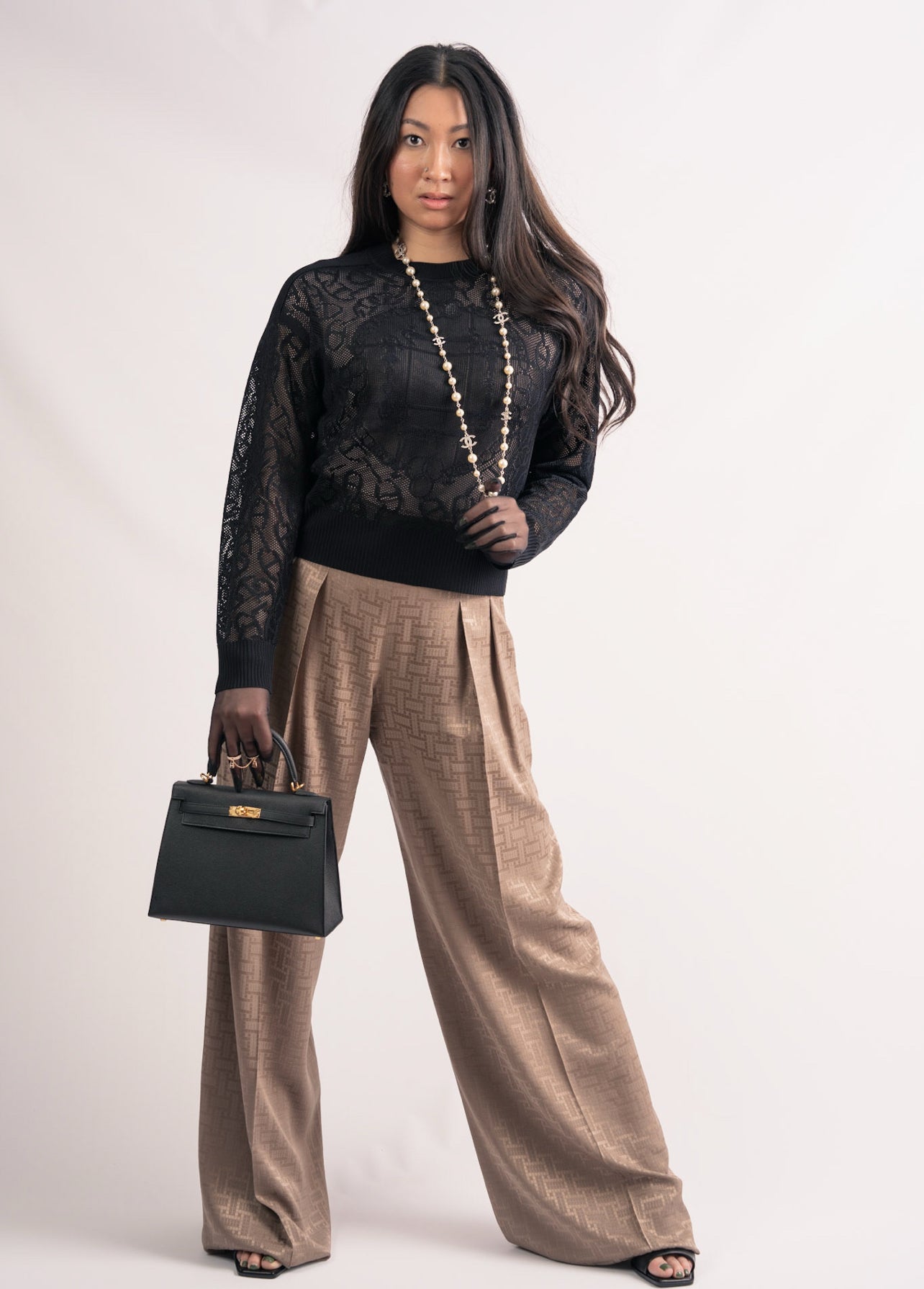 NEW Hermès "Mosaique" Wide Leg Pants Etoupe Size 34