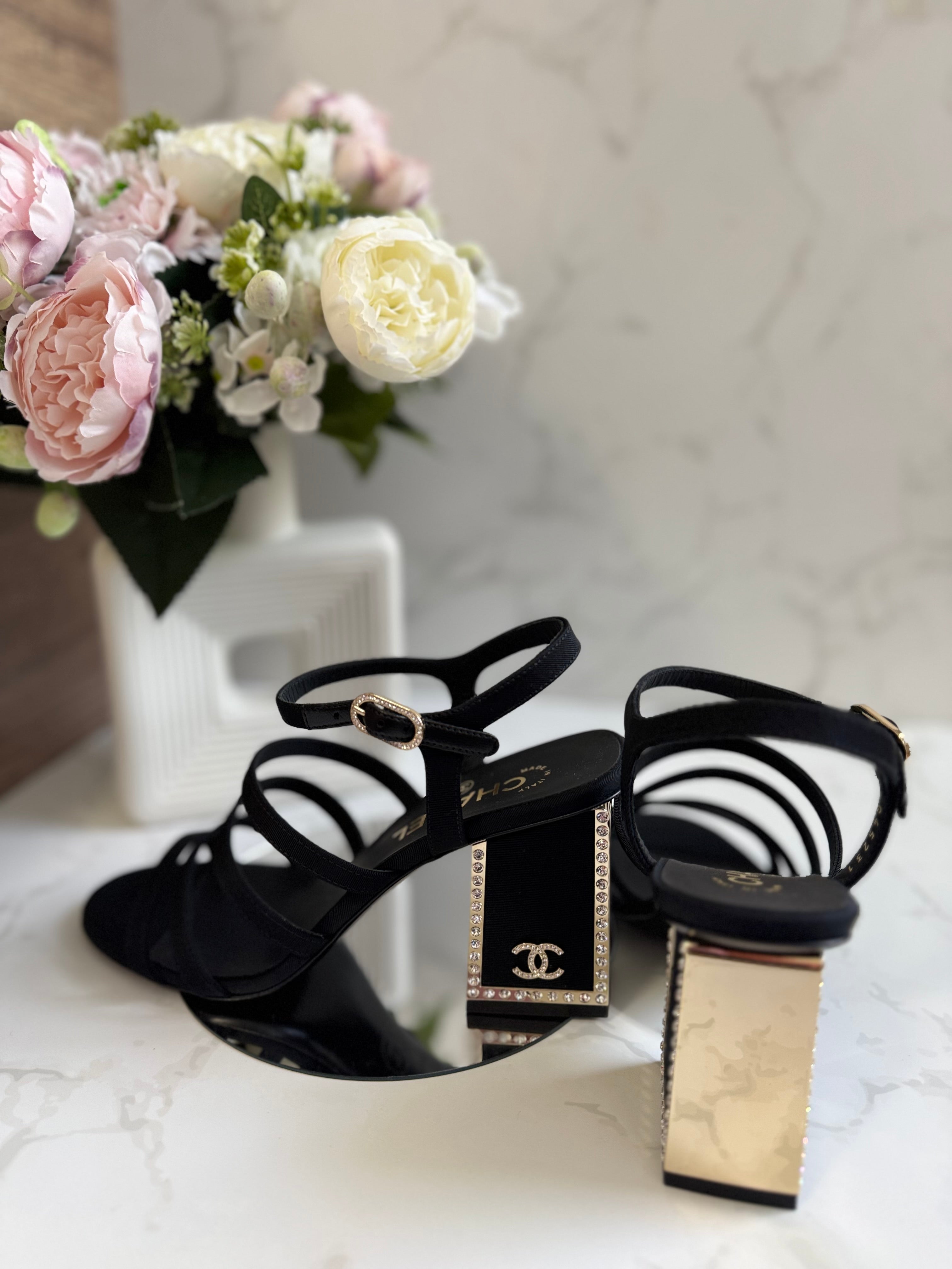 BNIB Chanel 24B Strappy Heels in Black with Crystals Rhinestone Heels size 38
