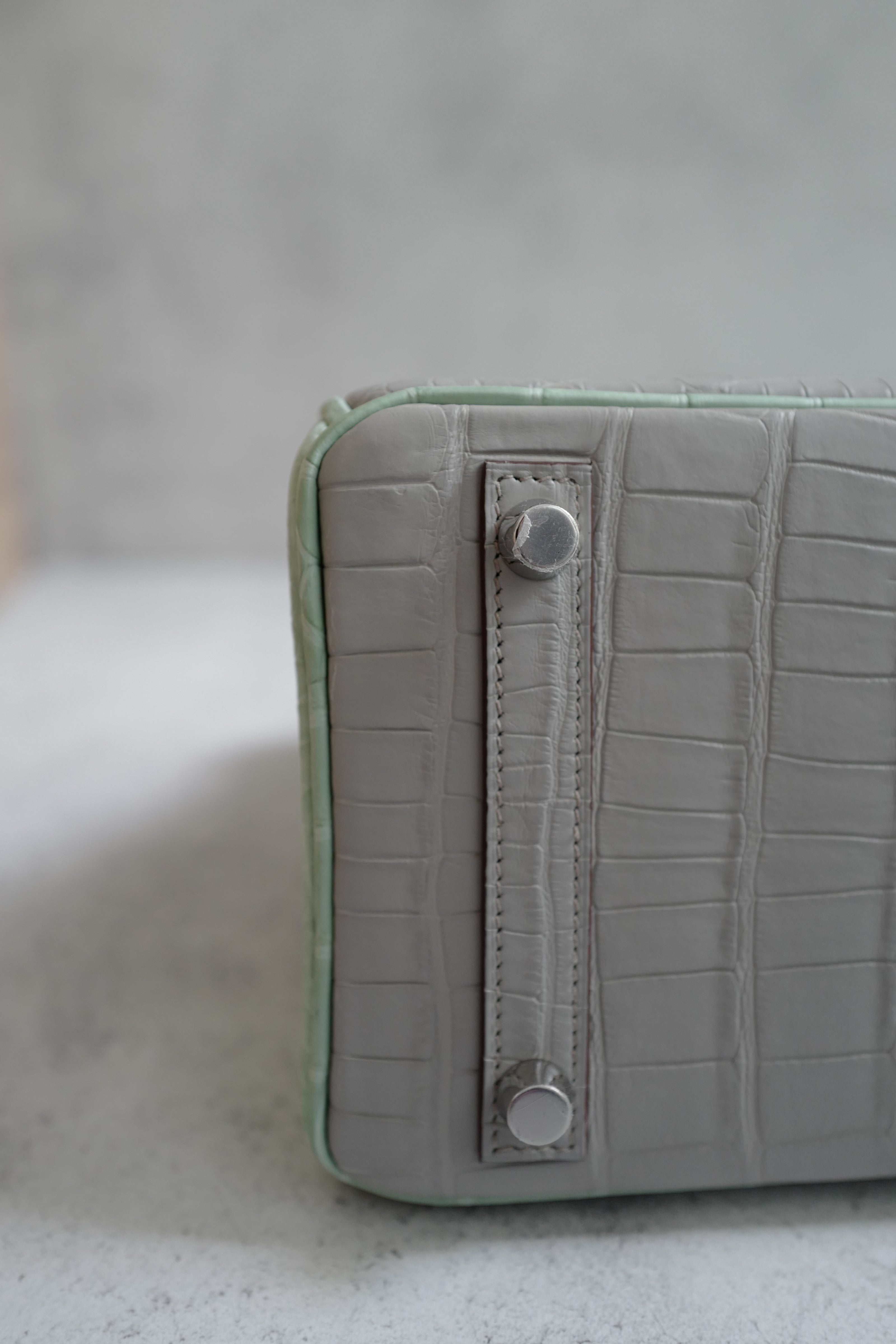 BNIB Hermes Birkin 25 HSS Gris Perle/Vert D’eau Matte Crocodile Brushed Palladium HW