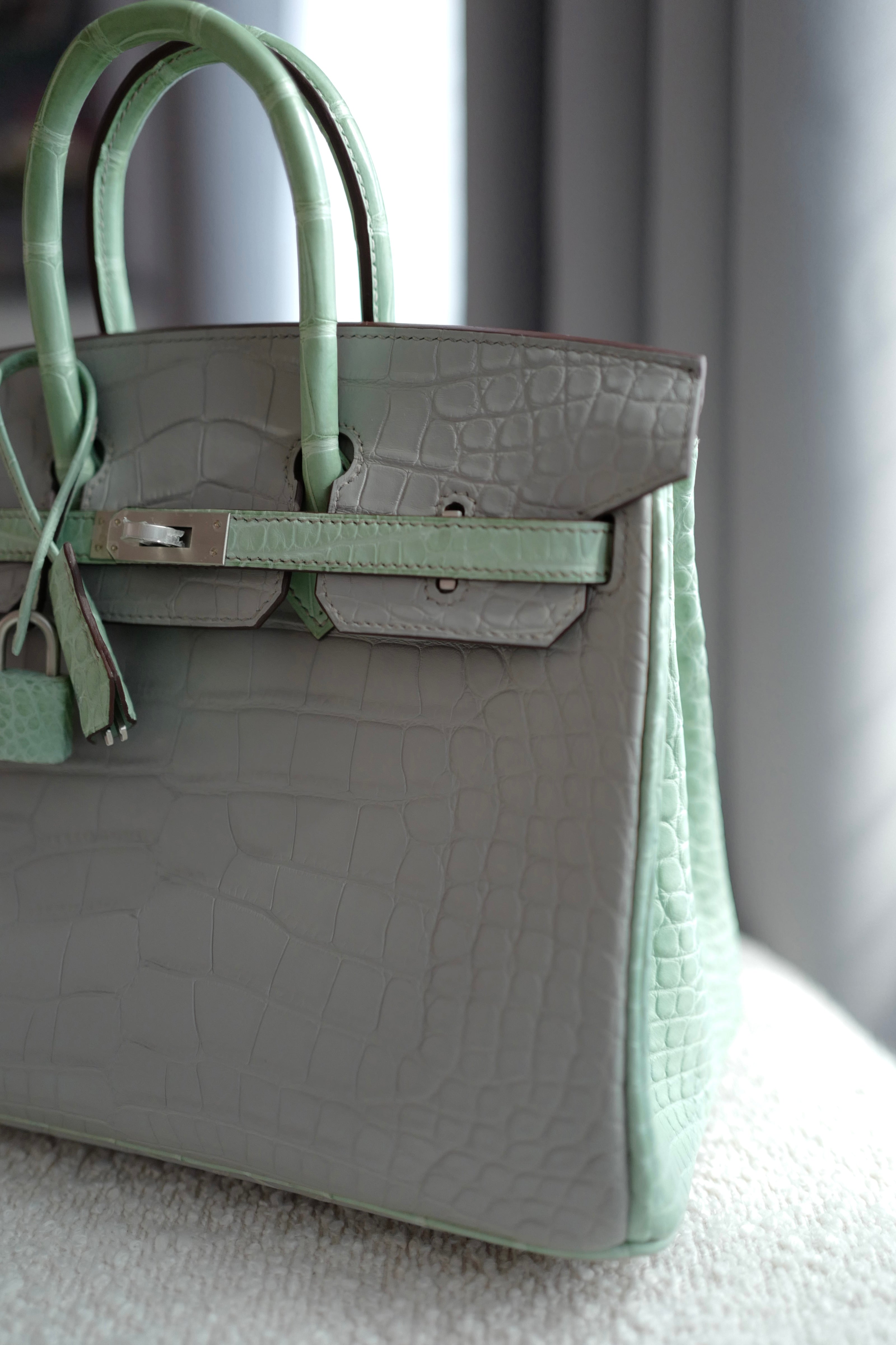 BNIB Hermes Birkin 25 HSS Gris Perle/Vert D’eau Matte Crocodile Brushed Palladium HW