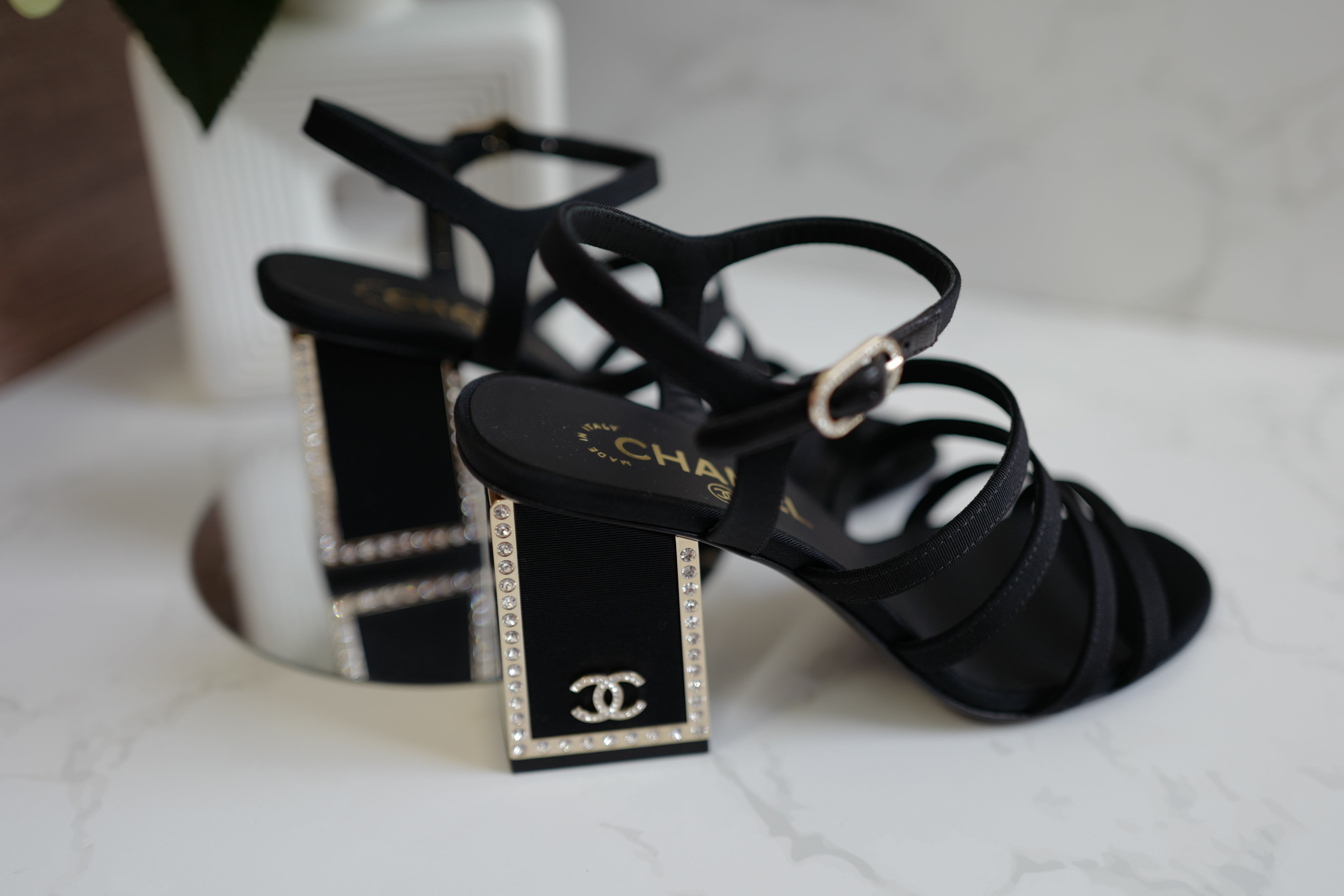 BNIB Chanel 24B Strappy Heels in Black with Crystals Rhinestone Heels size 38