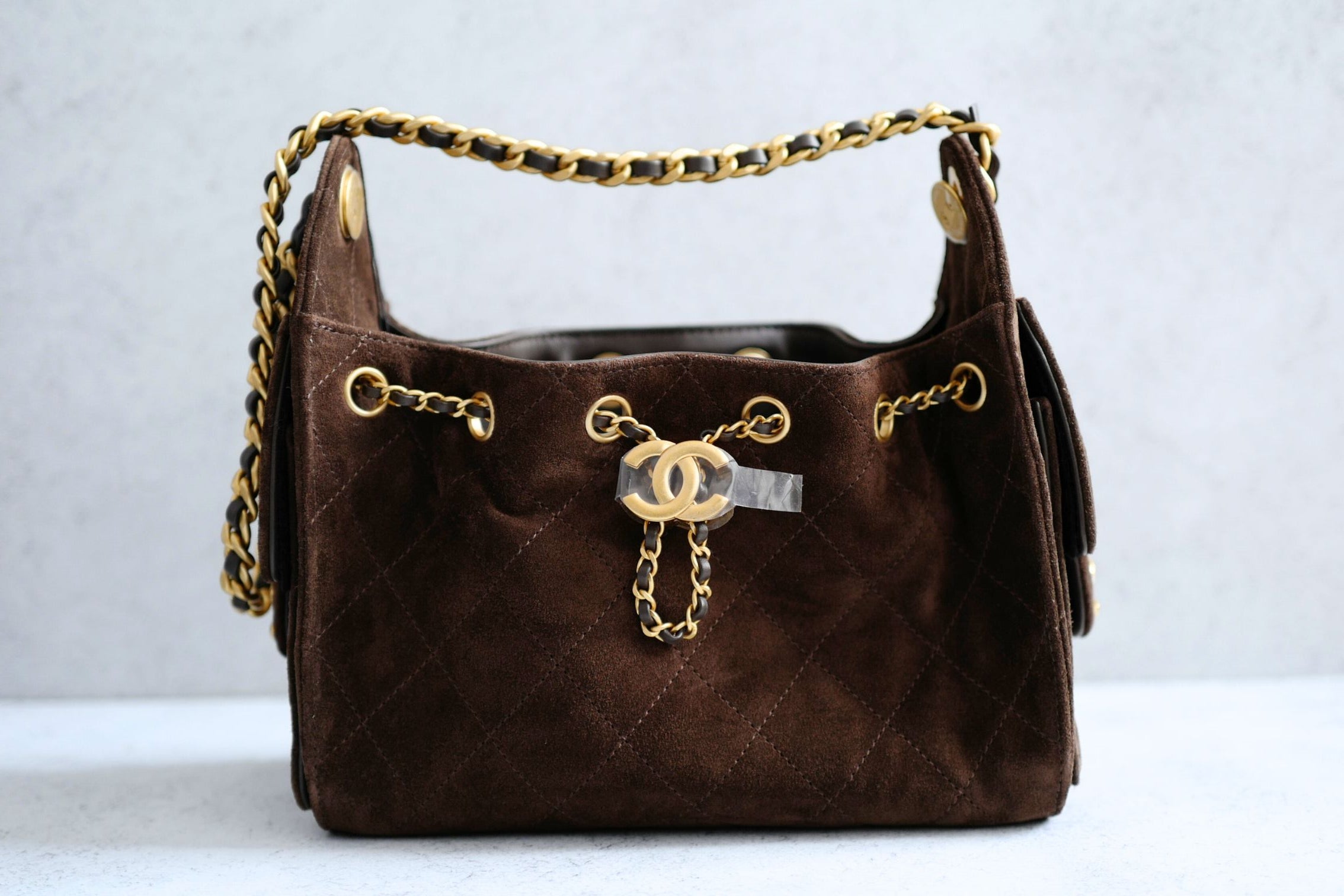 Chanel 26C Mini Hobo Shoulder Bag Dark Brown Suede Calfskin Gold Hardware