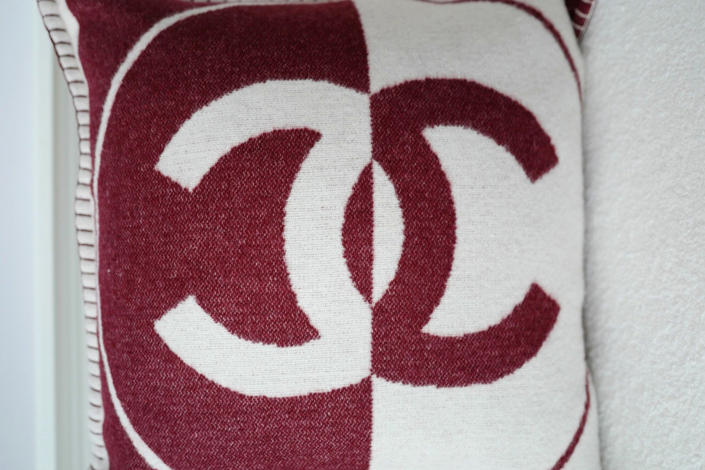 NEW Chanel CC Logo Pillow Burgundy White Wool Cashmere