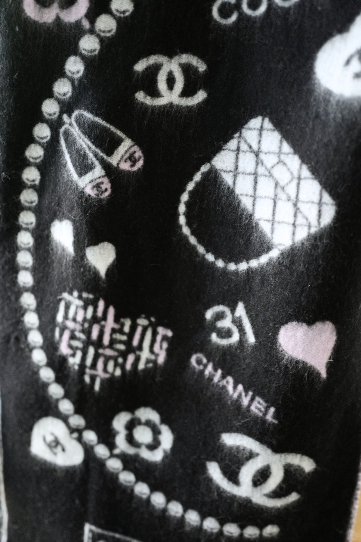 NEW Chanel 25B Black White Wool & Silk Scarf with Pearl Decoration