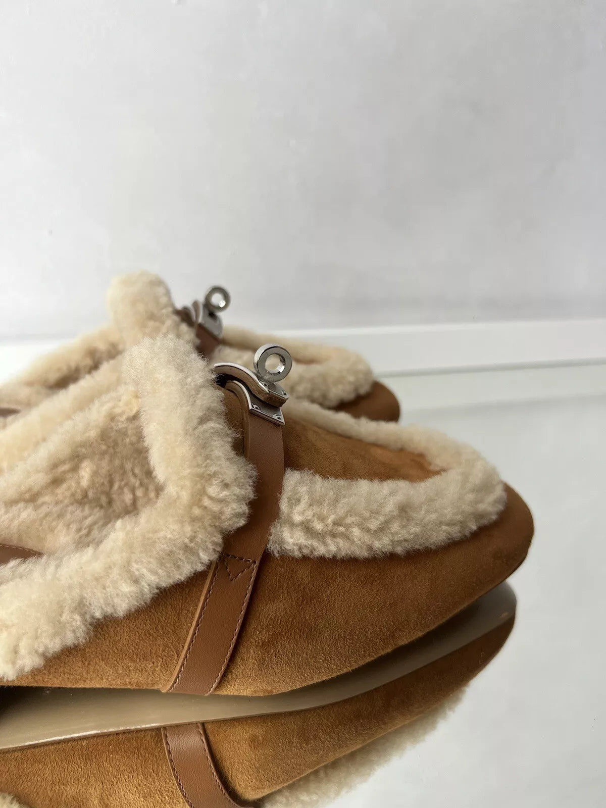 Hermes Oz Mule Shearling Naturel Suede/calfskin Palladium Hardware Size 37