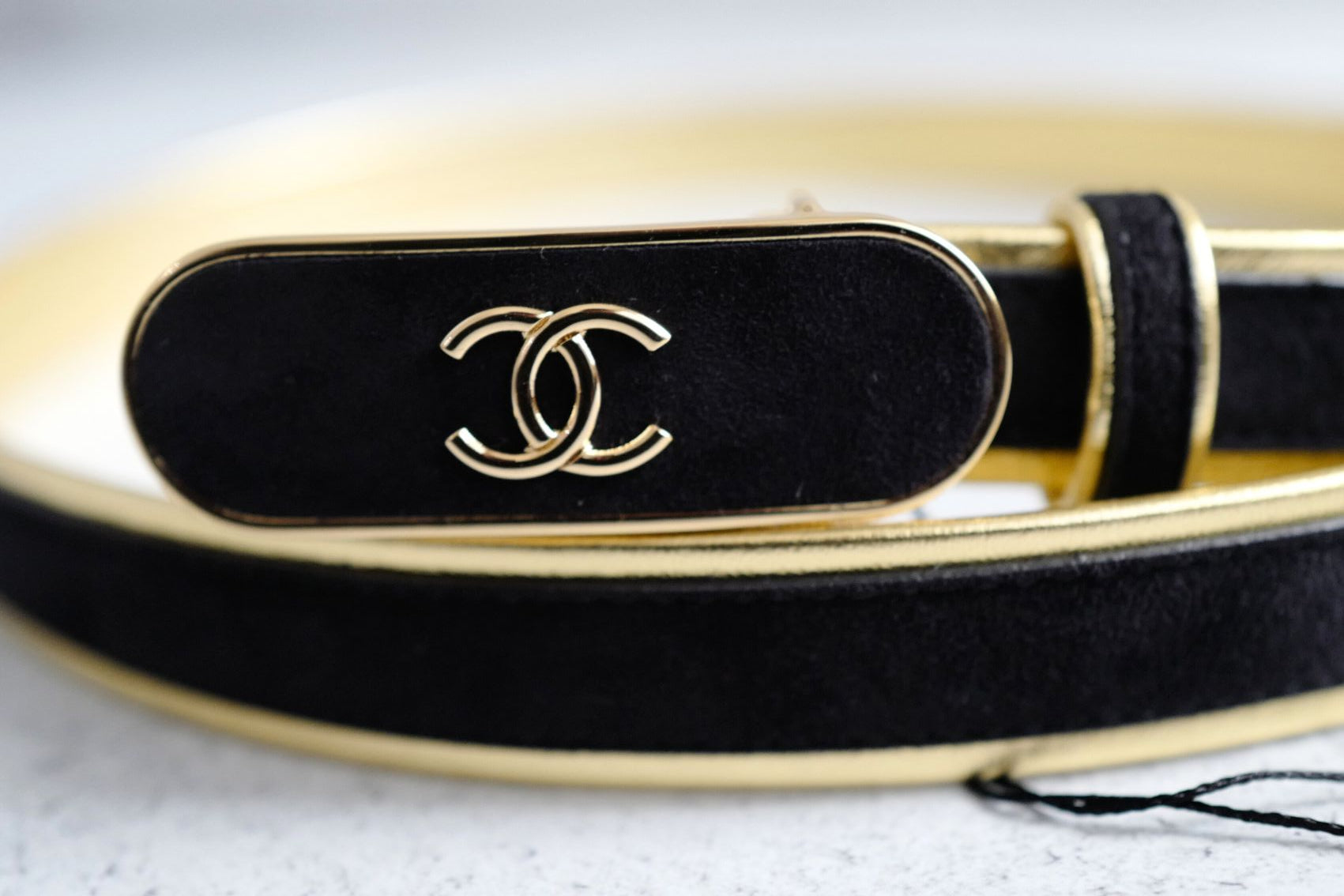 Chanel 24S Womens Leather Belt in Goatskin, Lambskin & Metal Black & Gold 80