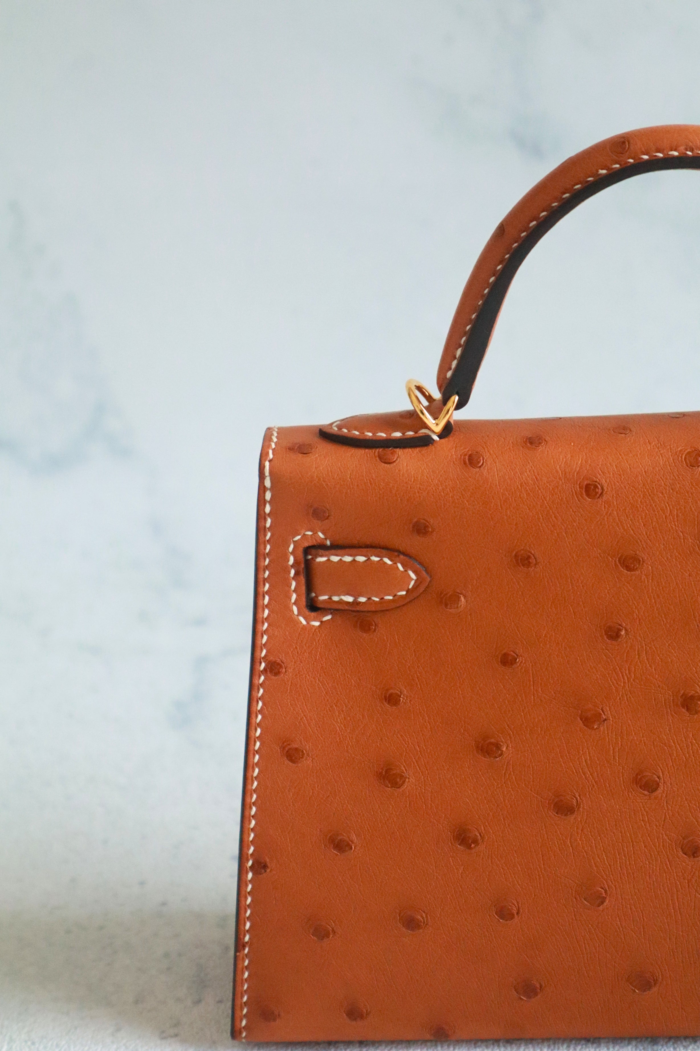 BNIB Hermes Mini Kelly HSS Cognac Ostrich with Craie Stitching GHW G Stamp 2026