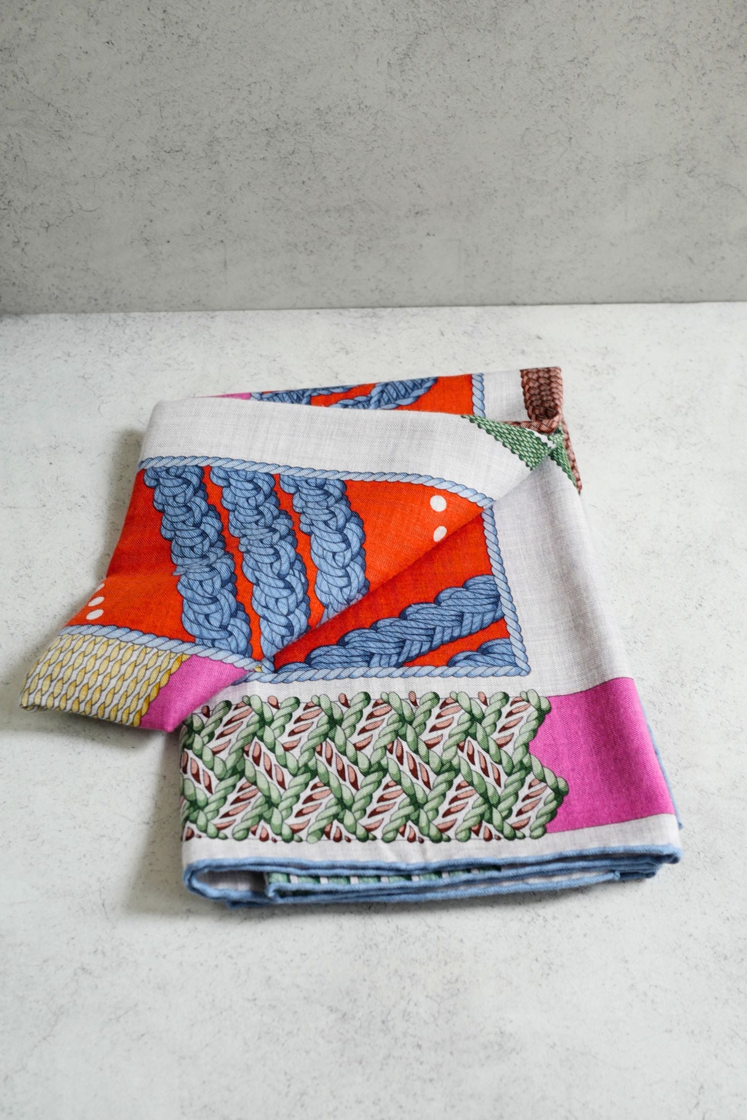 Hermès Dressage Tressage Shawl 140 Bleu Ciel/Rose Rouge Cashmere Silk