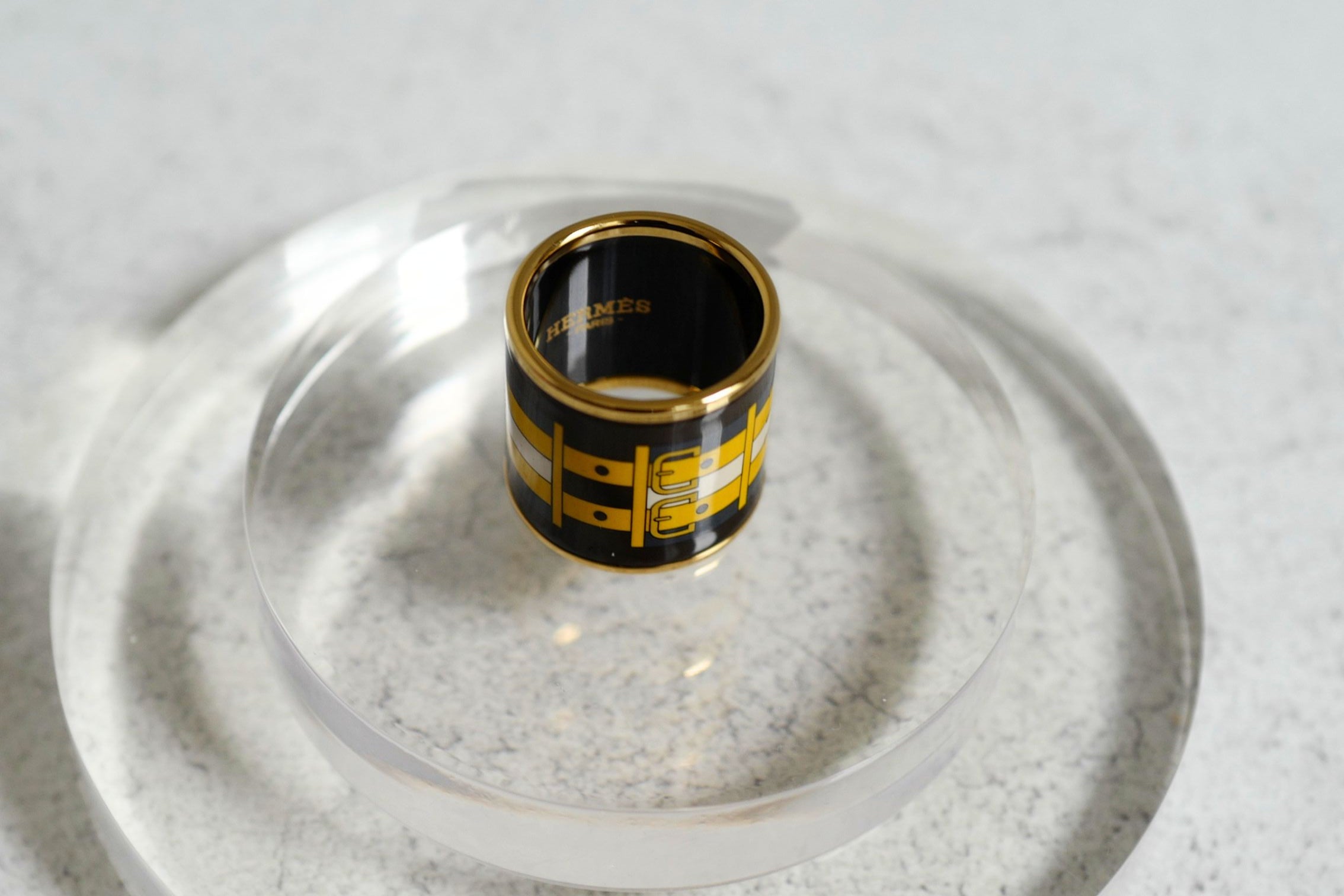 Hermès Rocabar Enamel Scarf Ring Black/Yellow/Blue Striped