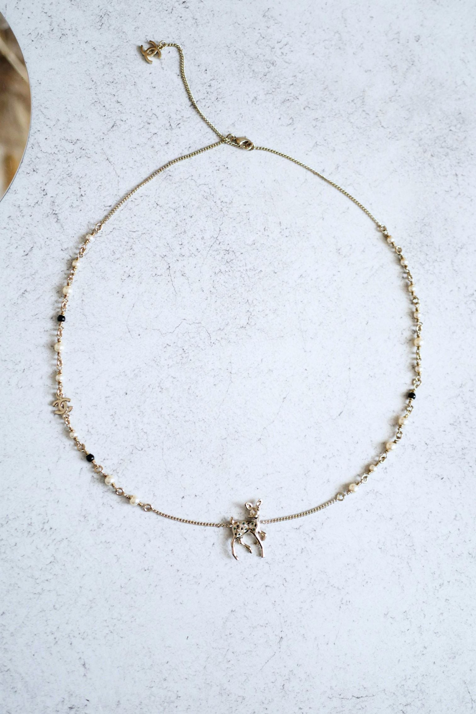 Chanel CC Deer Long Pendant Necklace Gold and Faux Pearl