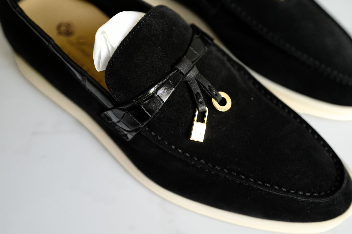 BNIB Loro Piana Summer Charms Walk Loafers In Black Suede Alligator strap Size 37