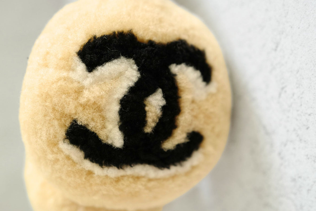NEW Chanel 26N Coco Neige Earmuffs CC Logo Lamb Shearling in Beige and Burgundy