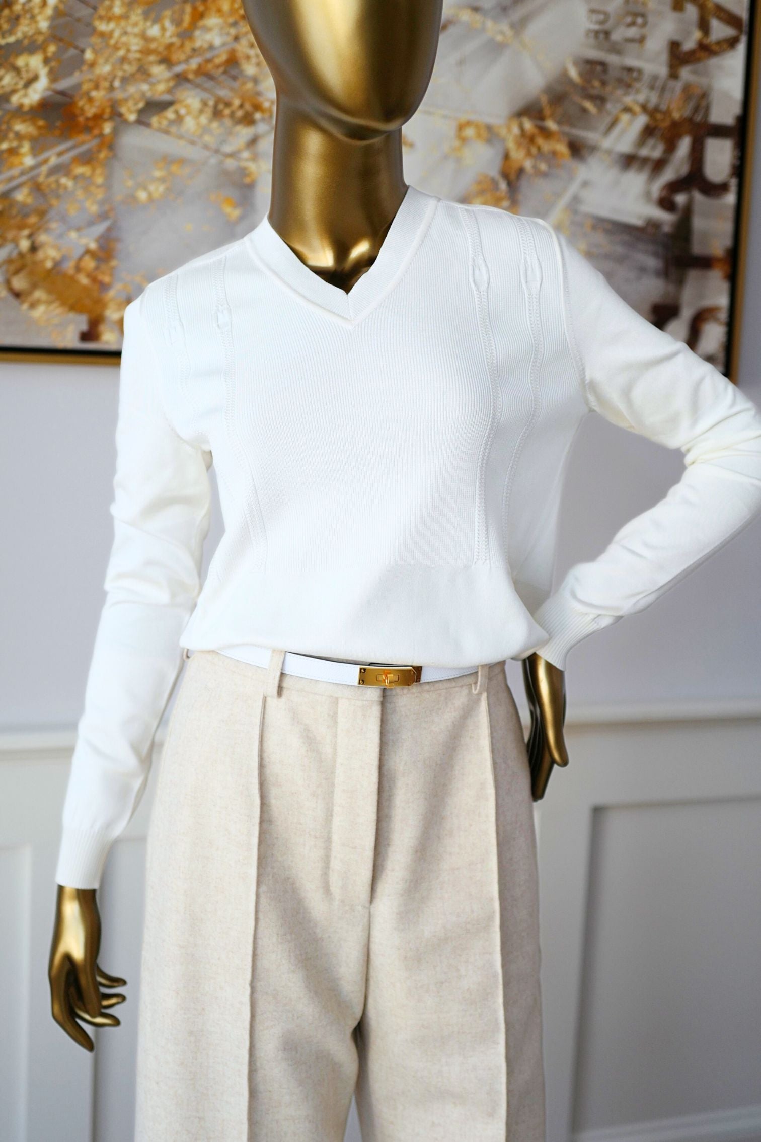 Hermès Long-Sleeve Textured Silk Cotton V-Neck Sweater Blanc Naturel Size 36