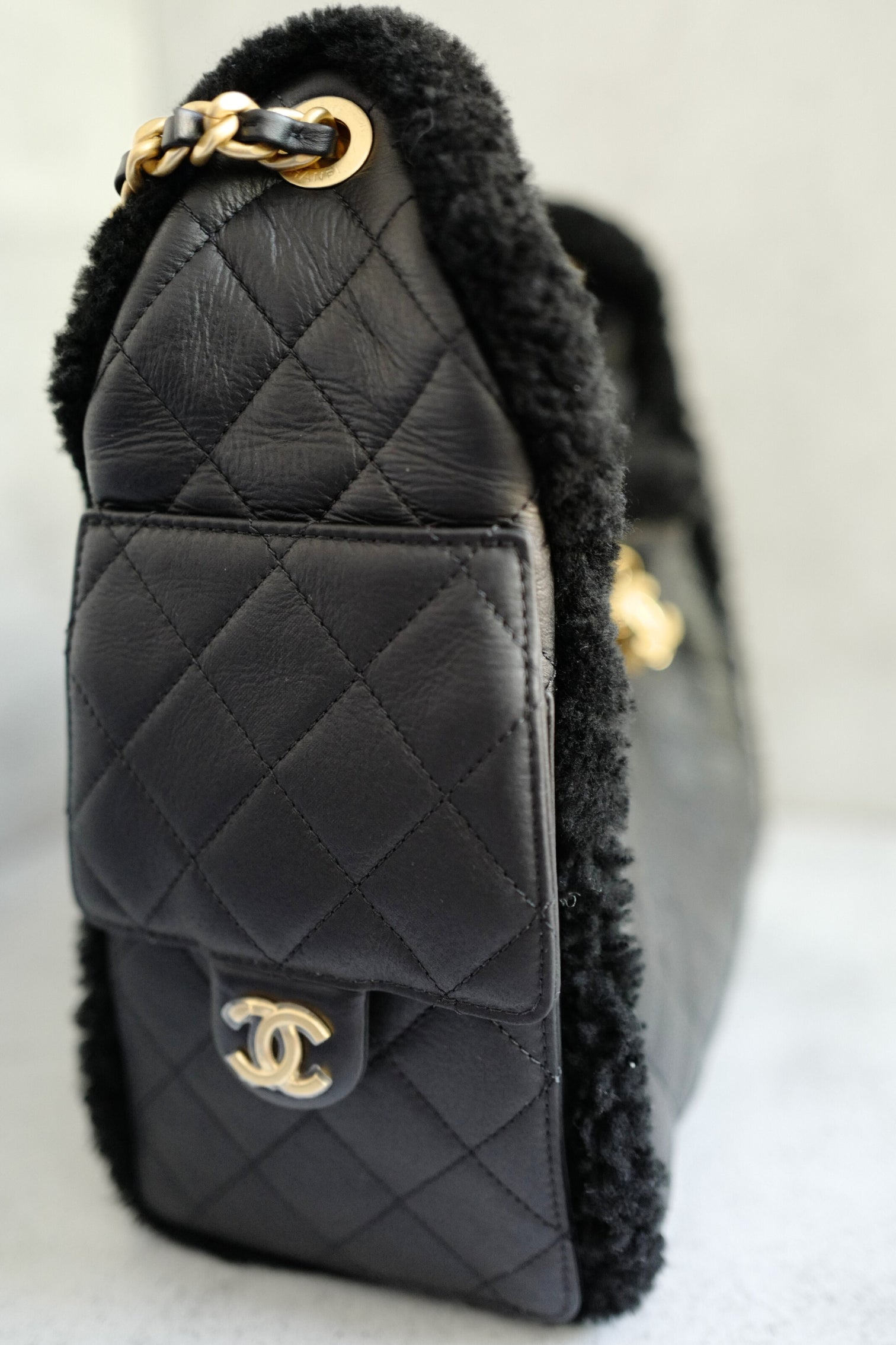 Chanel 25K Small Hobo Bag in Black Shearling and Calfskin Leather Gold Hardware