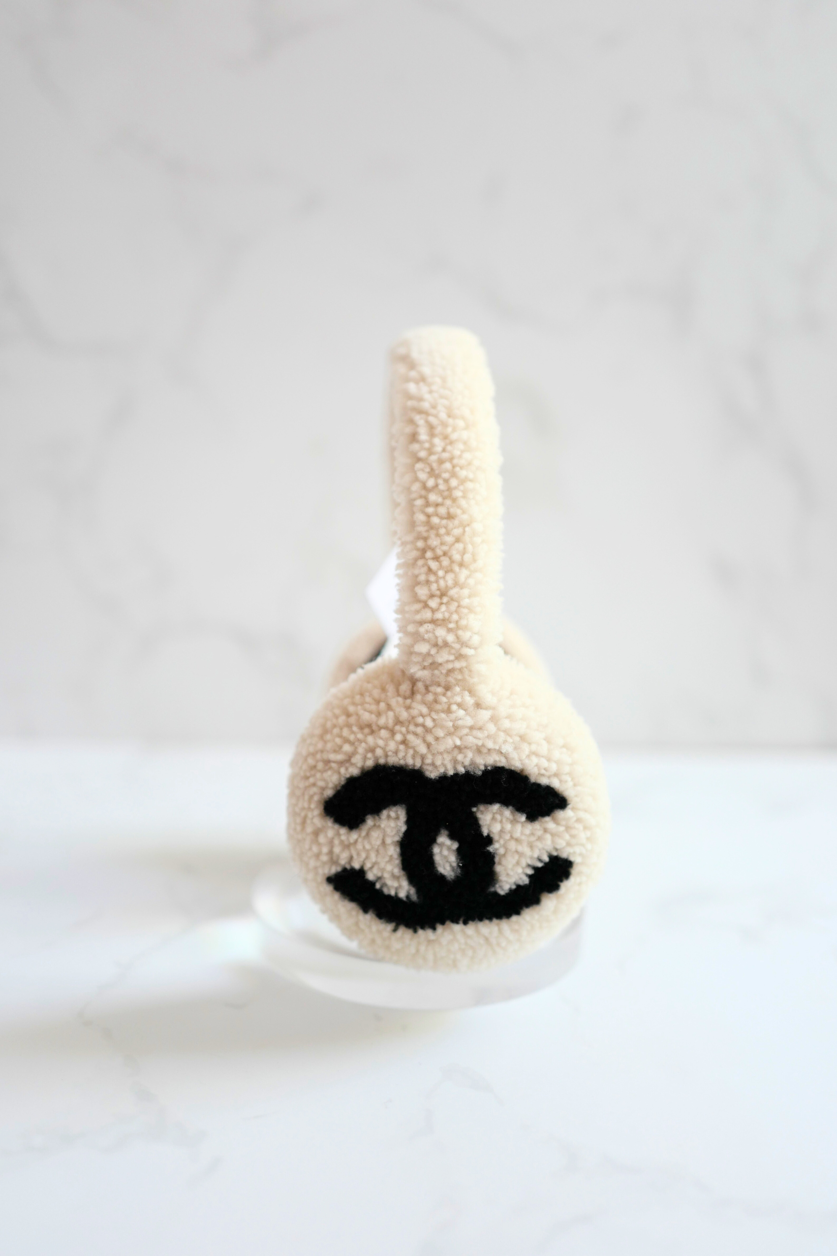 BNIB Chanel CC Earmuffs in Shearling Wool Ecru/Black