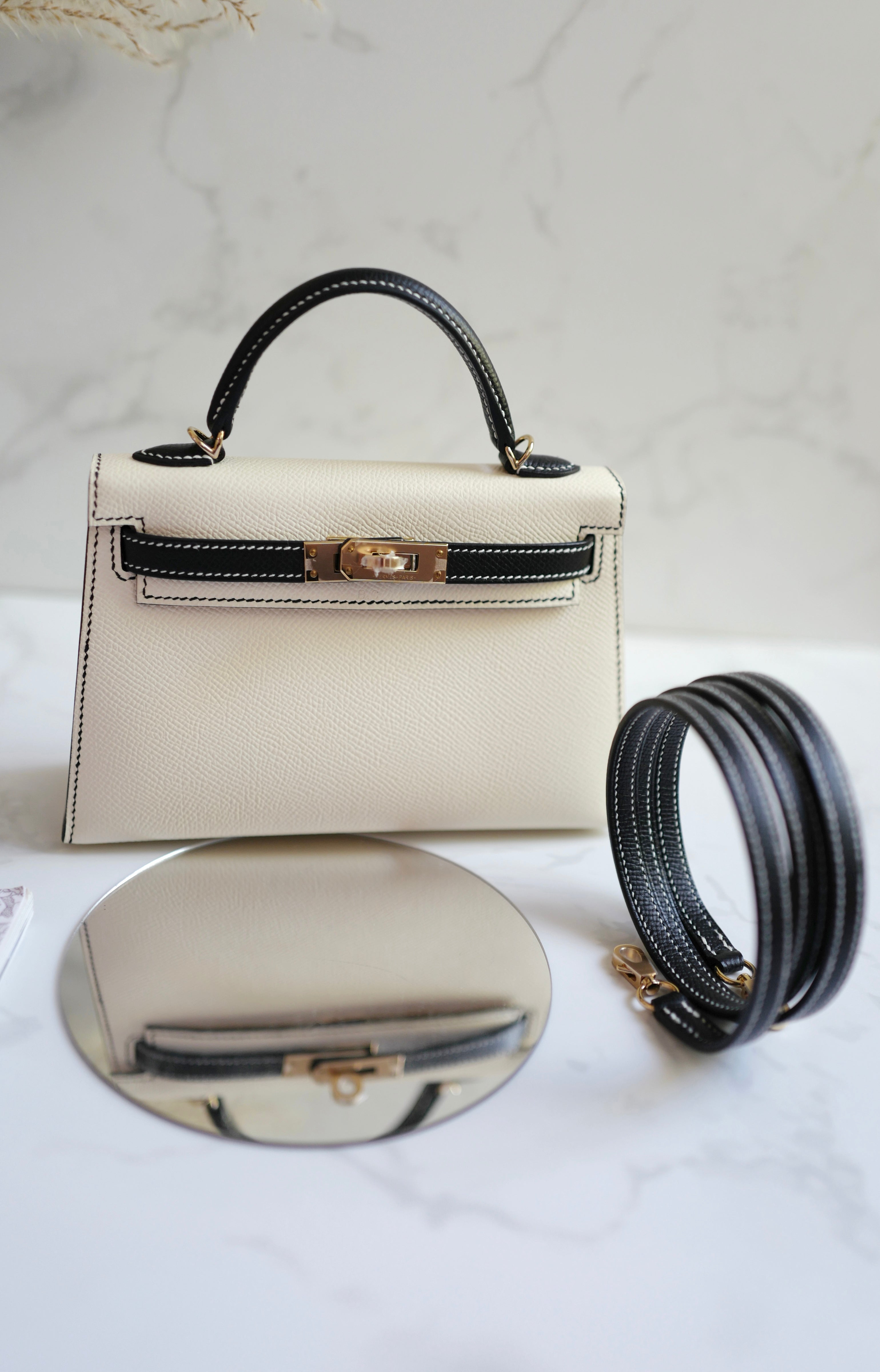 New Hermes Mini kelly 20 HSS Craie/Noir Black Epsom Permabrass HW 2023 Complete