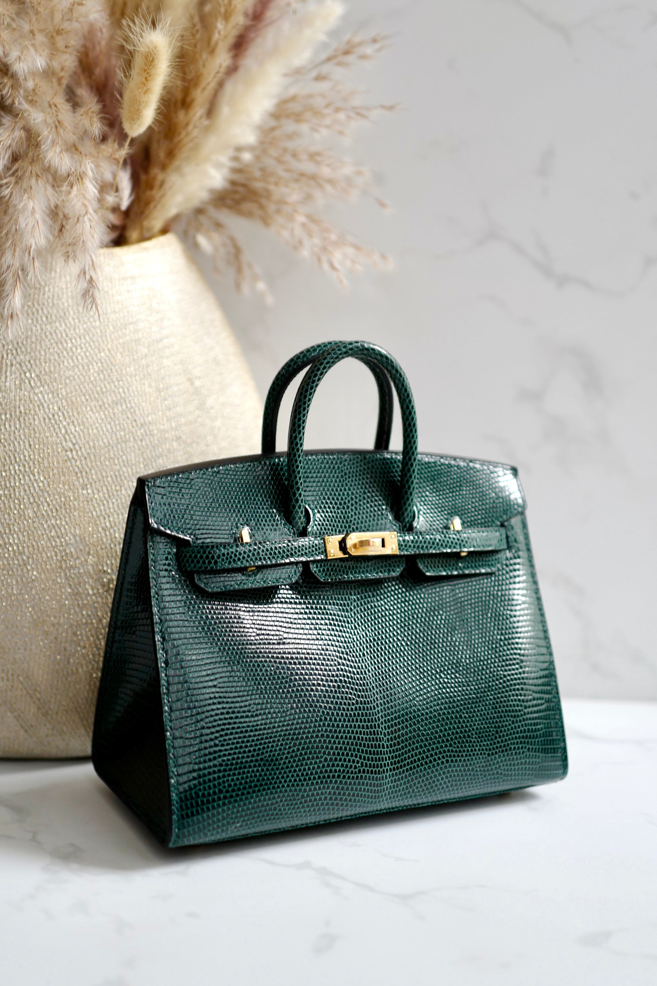 Hermes BIRKIN 20 Lizard Lisse in Vert Cypress Gold Hardware