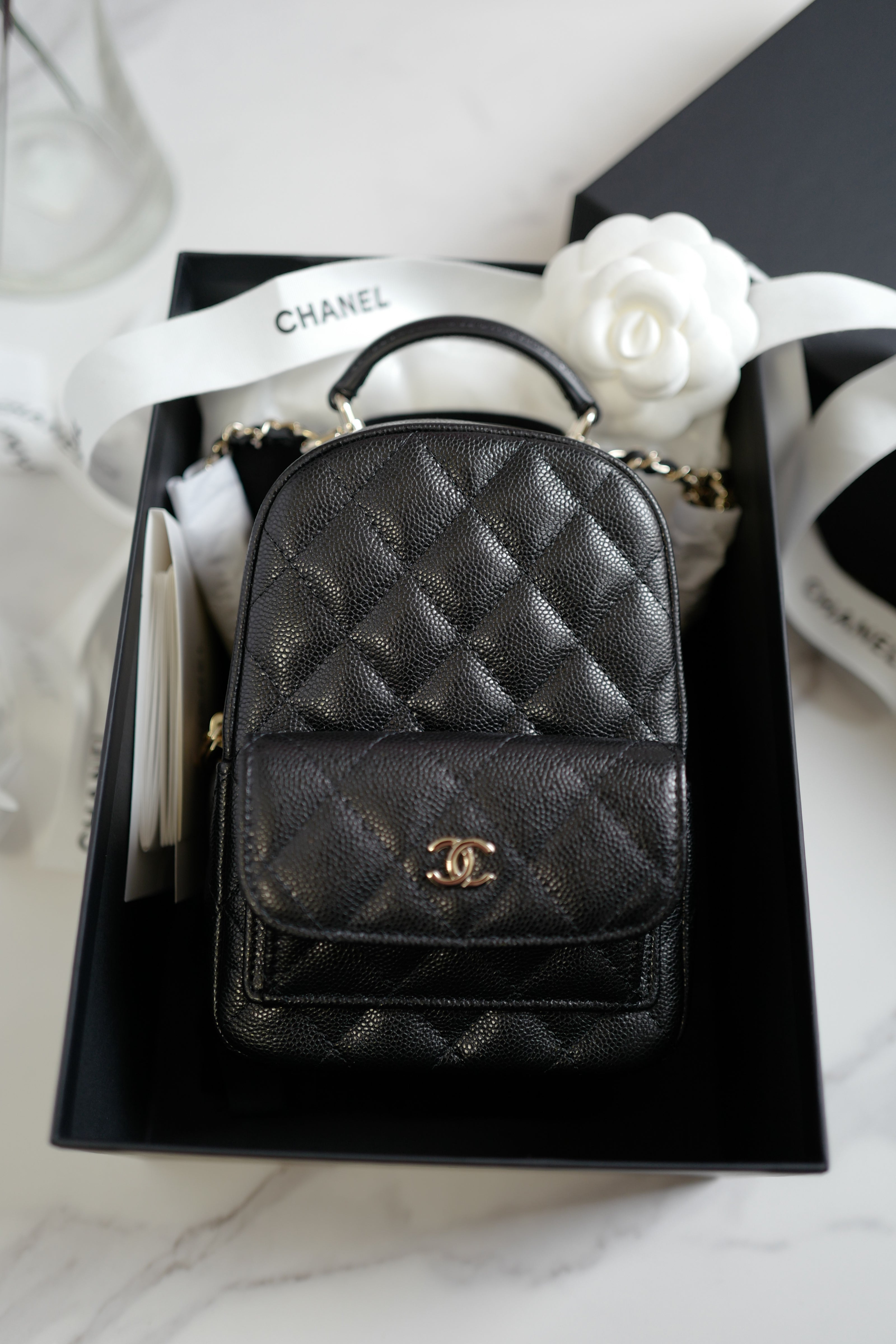 BNIB Chanel 24C Mini Backpack in Black Grained Leather with Light Gold HW
