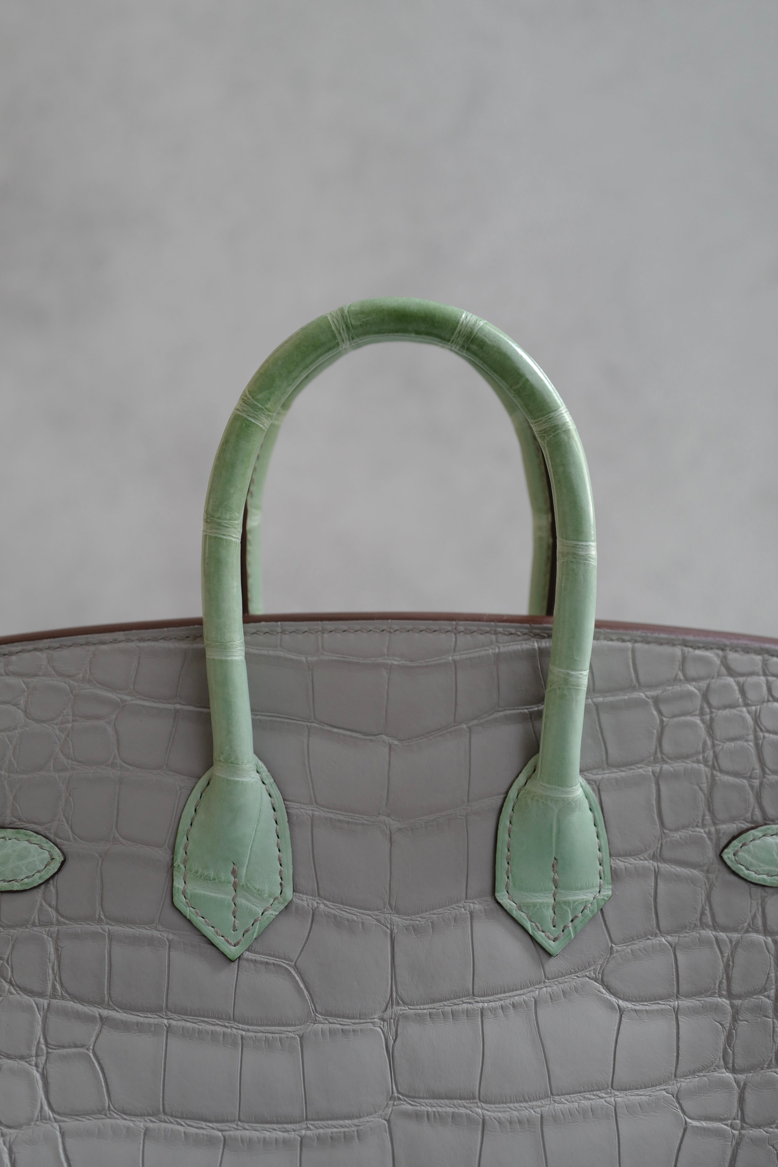 BNIB Hermes Birkin 25 HSS Gris Perle/Vert D’eau Matte Crocodile Brushed Palladium HW
