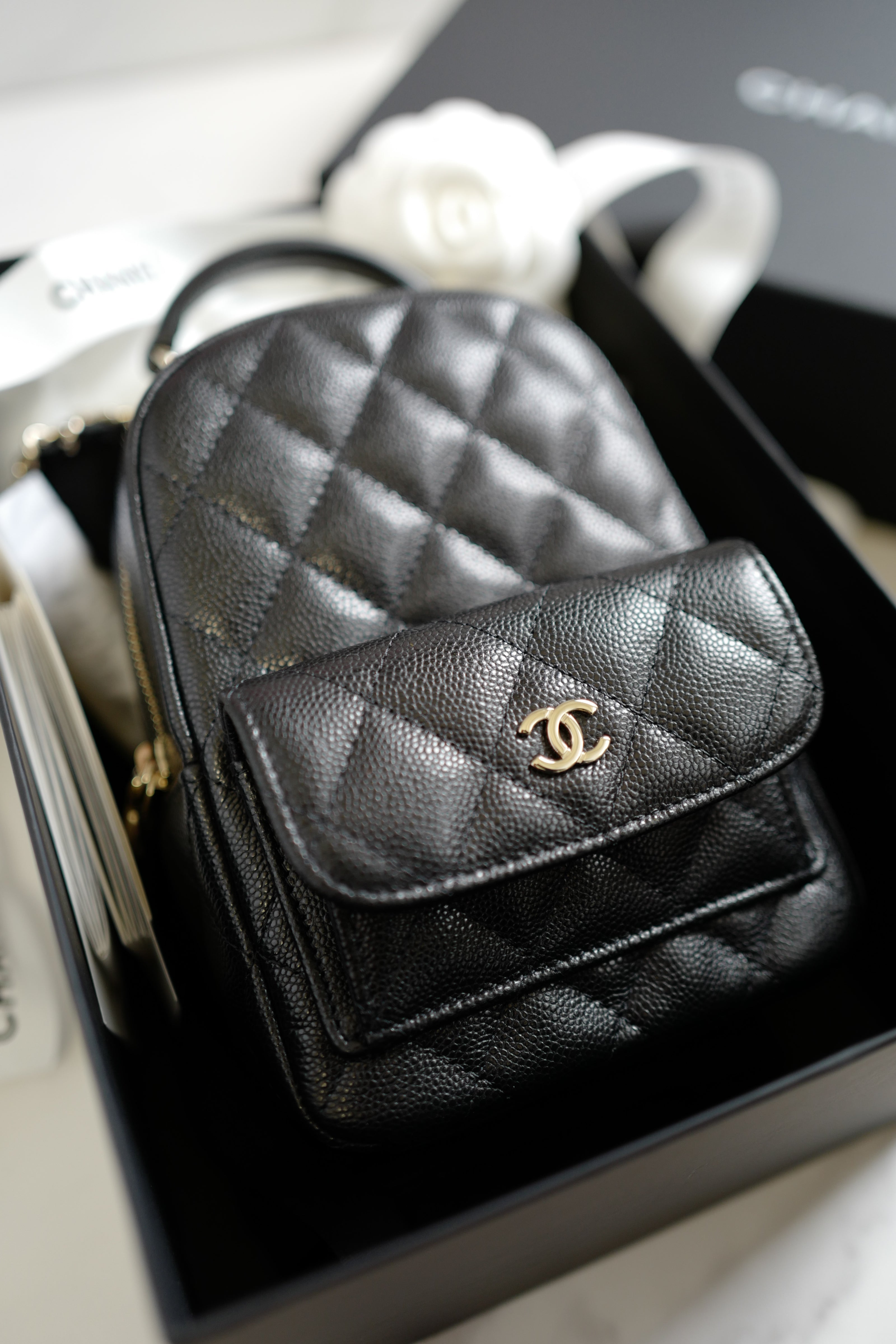 BNIB Chanel 24C Mini Backpack in Black Grained Leather with Light Gold HW