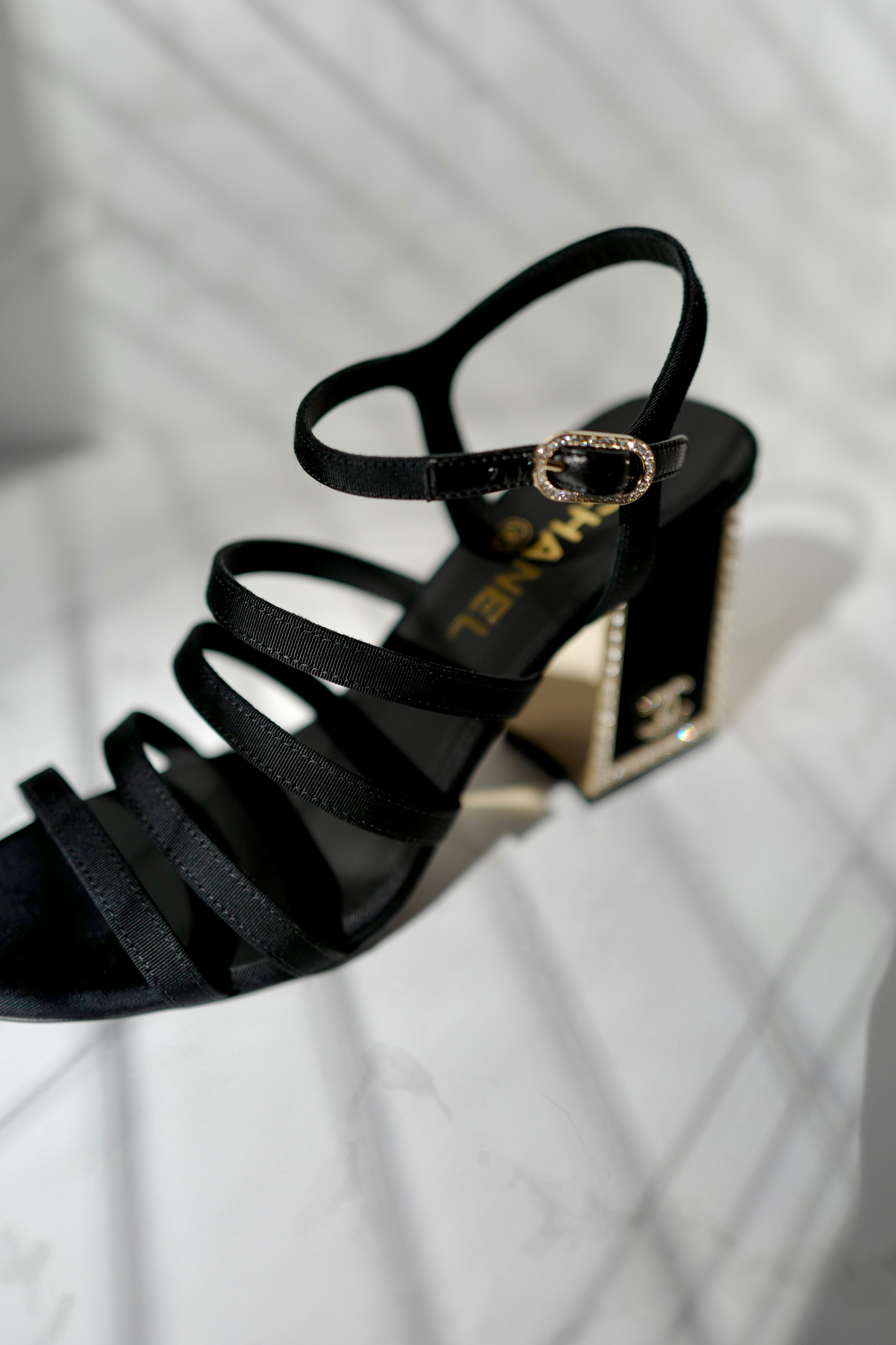 BNIB Chanel 24B Strappy Heels in Black with Crystals Rhinestone Heels size 38