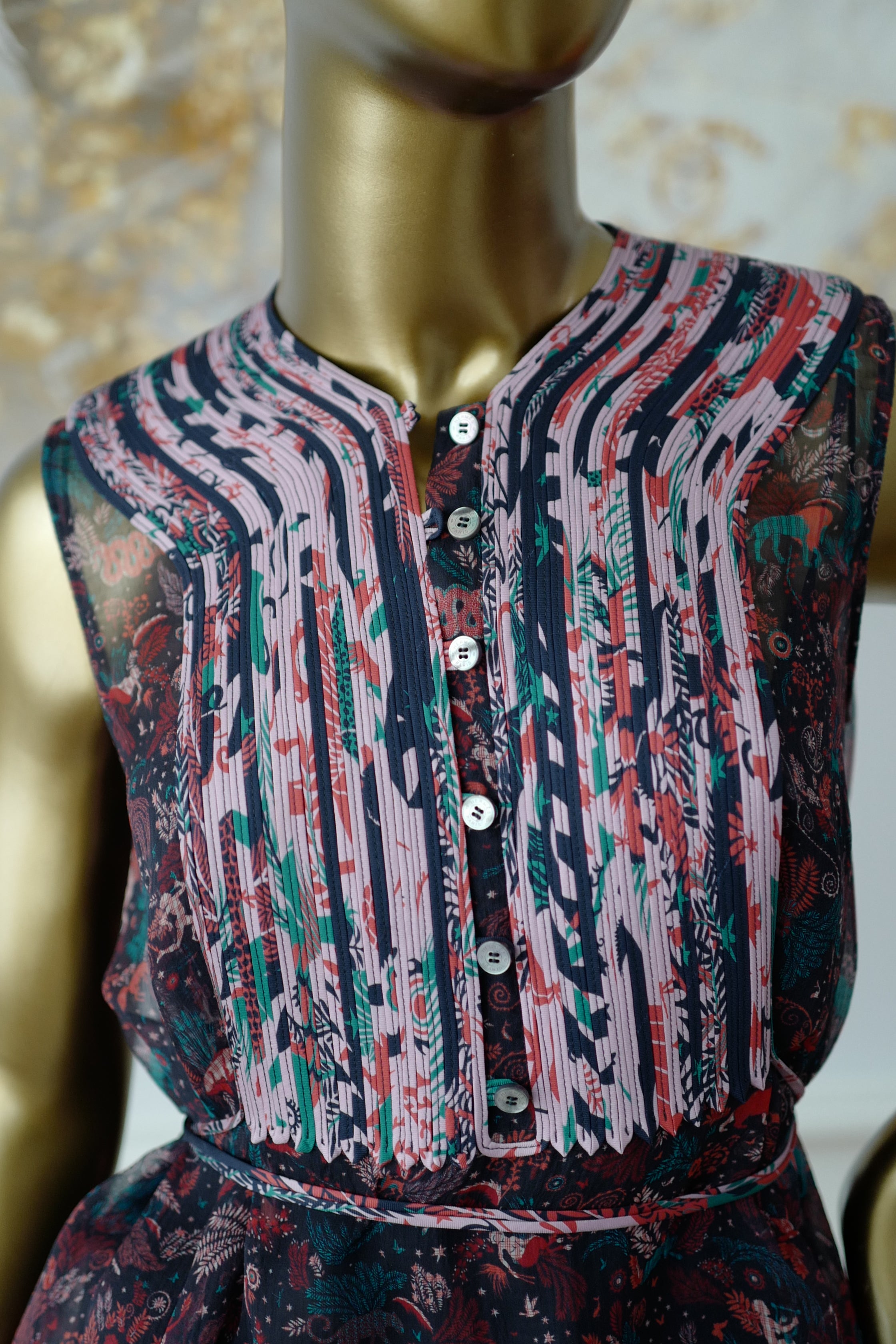 Hermes Silk Blouse Ennobli A Plastron Ox Bleu Marin Sleeveless 36 NEW Two Pcs