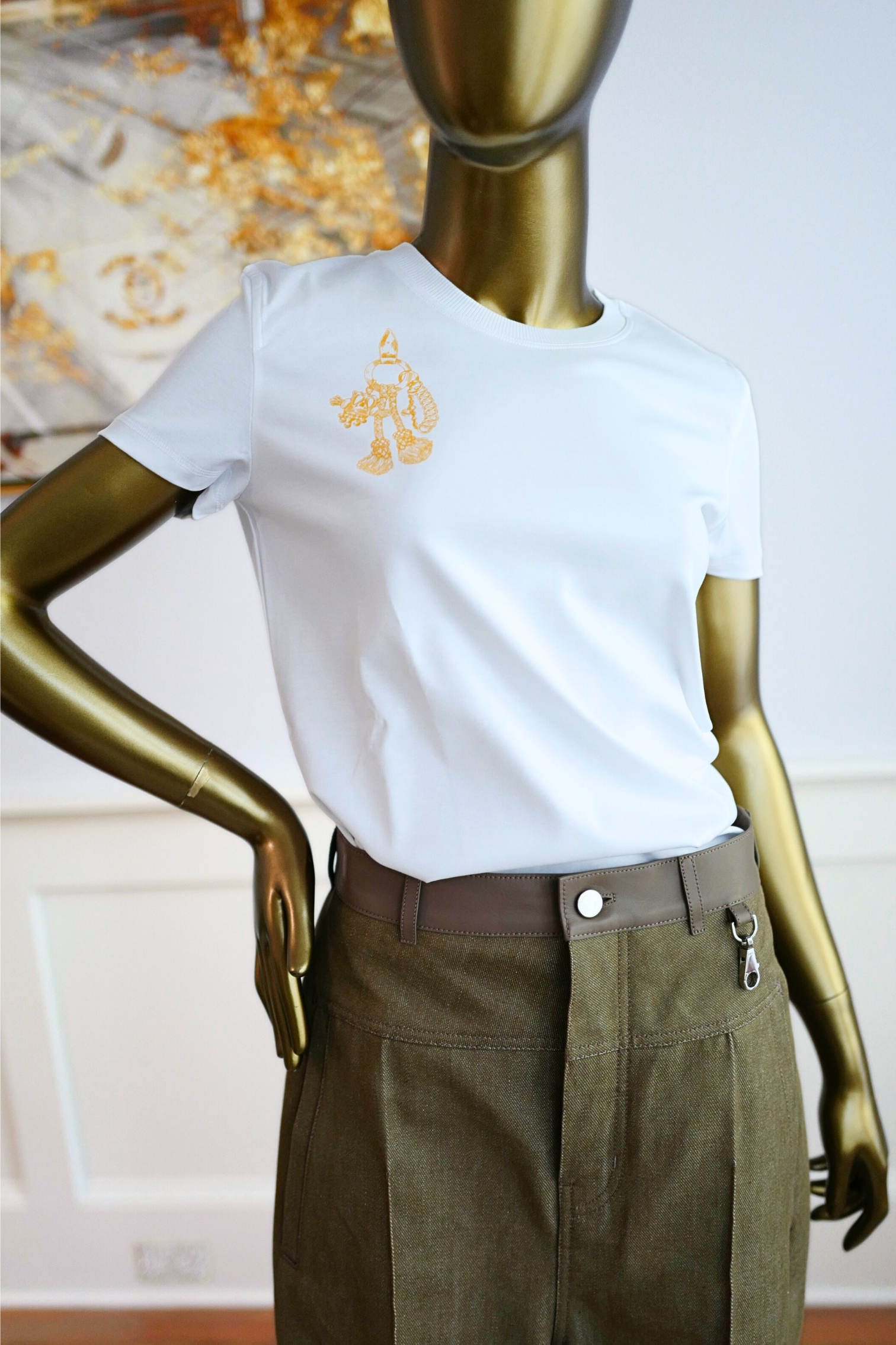 New Hermès Women’s Printed Straight T-Shirt White Blanc Size 34