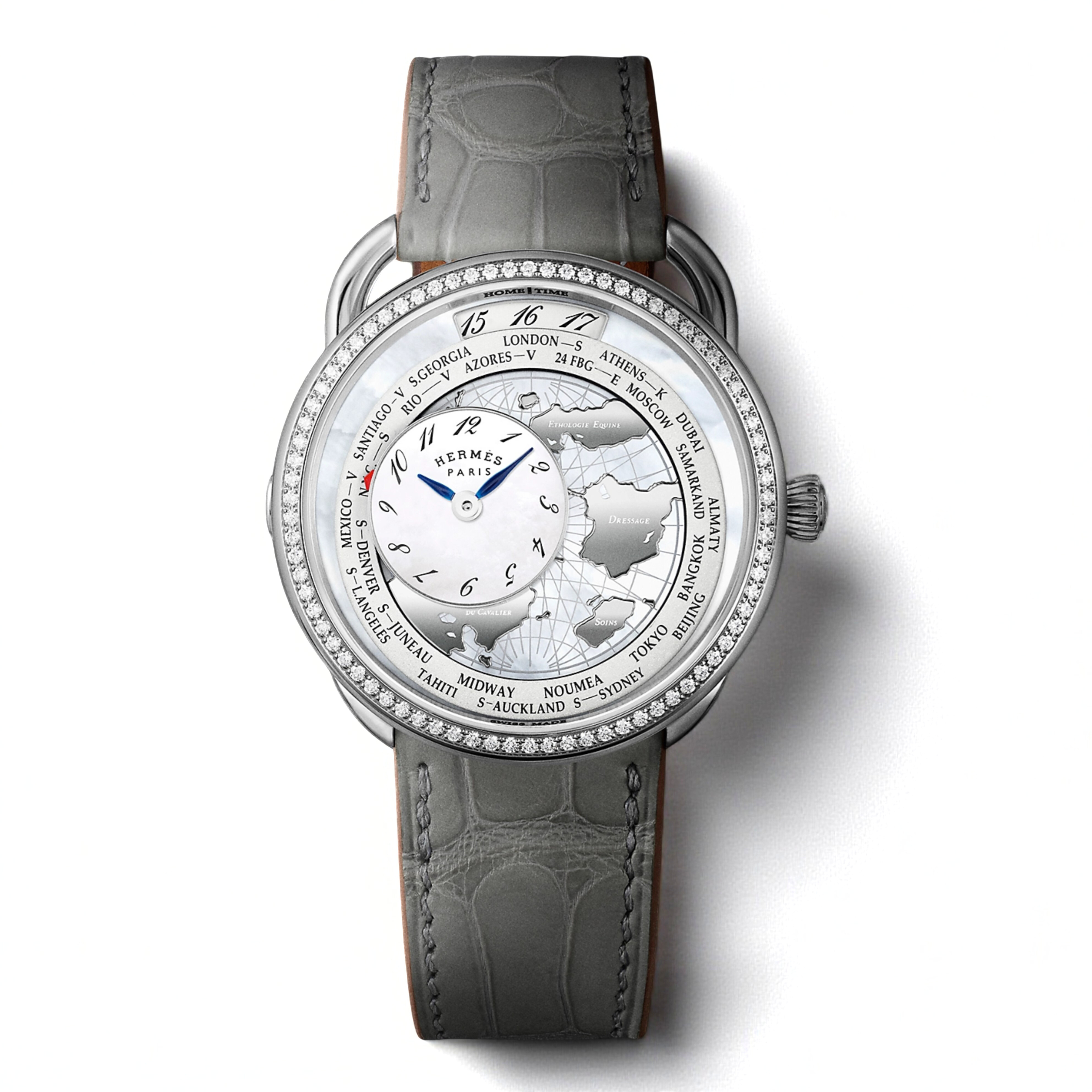 BNIB Hermès Arceau Le Temps Voyageur 38mm Gris Perle Diamonds $38K