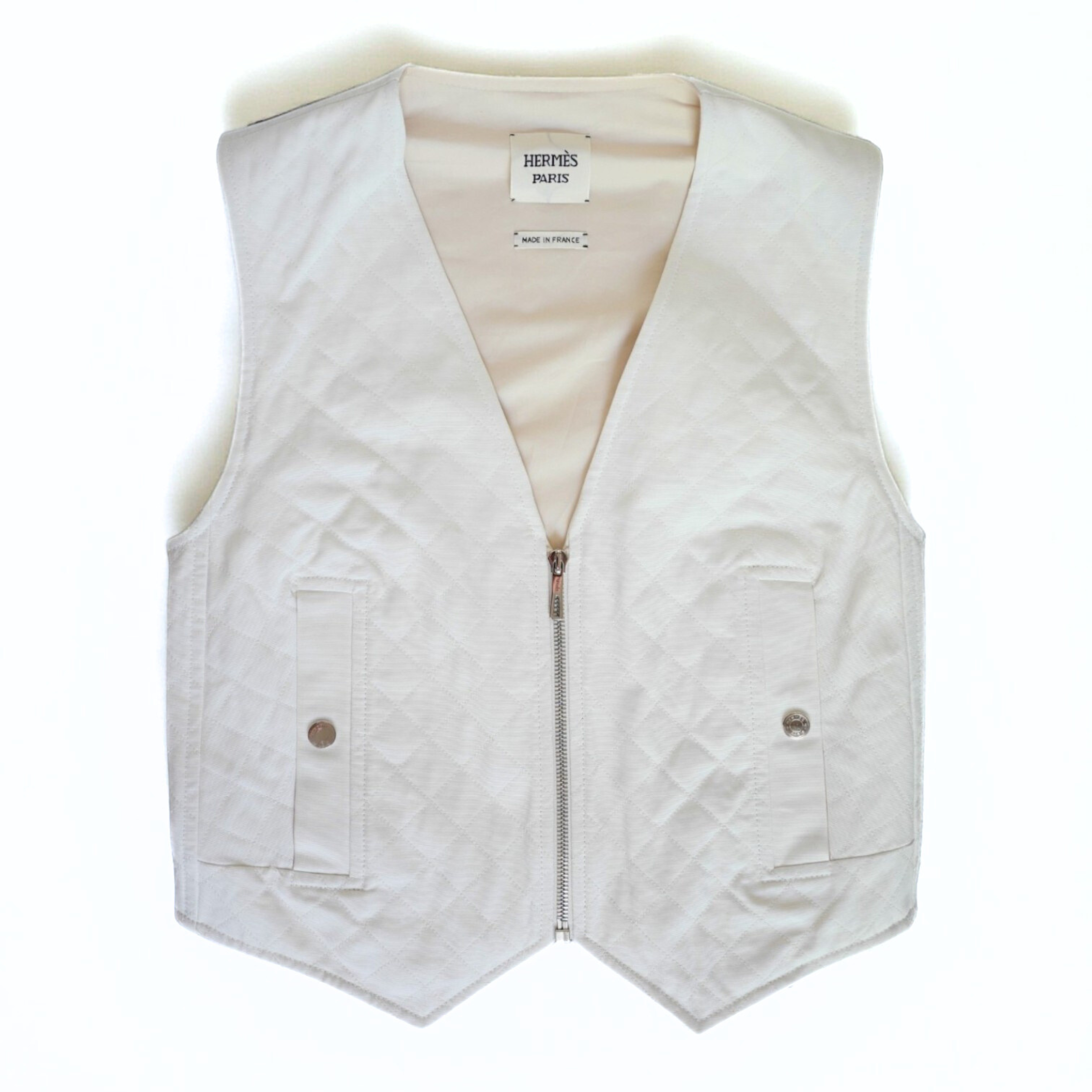 New Hermès Quilted Sleeveless Waistcoat Vest Blanc Naturel White Size 34