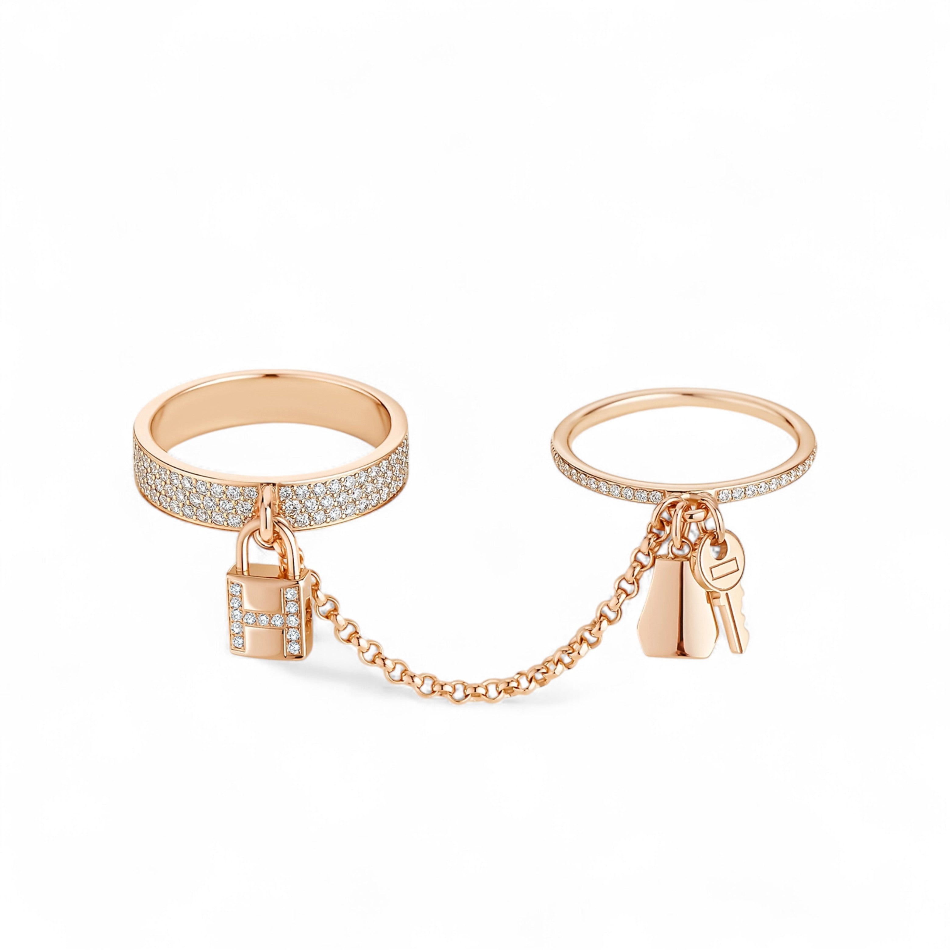 NEW Hermes Bague Double Kelly Cadenas Ring RoseGold Diamonds