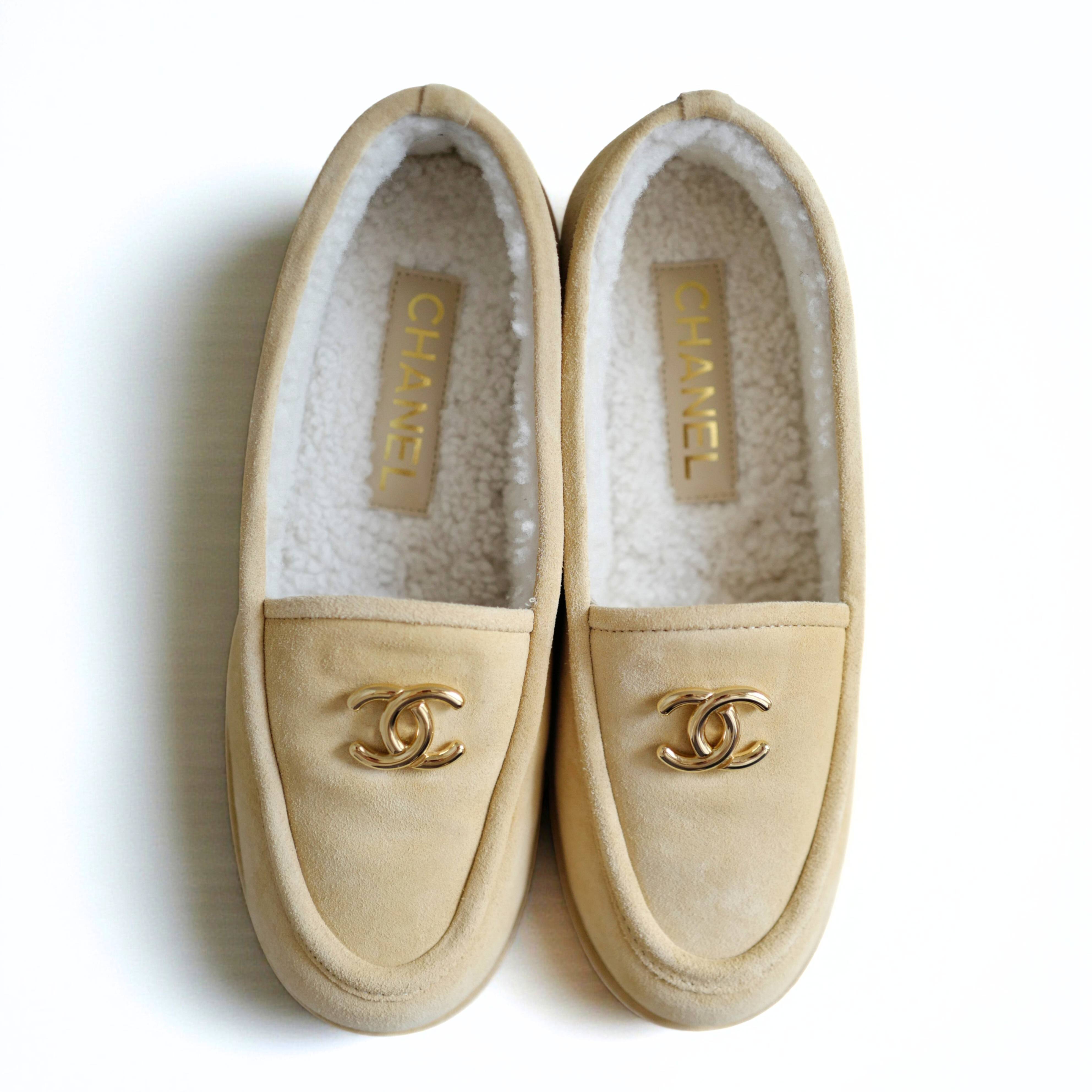 Chanel 24K Shearling Lined Suede Calfskin CC Loafers Moccasins Shoes size 37