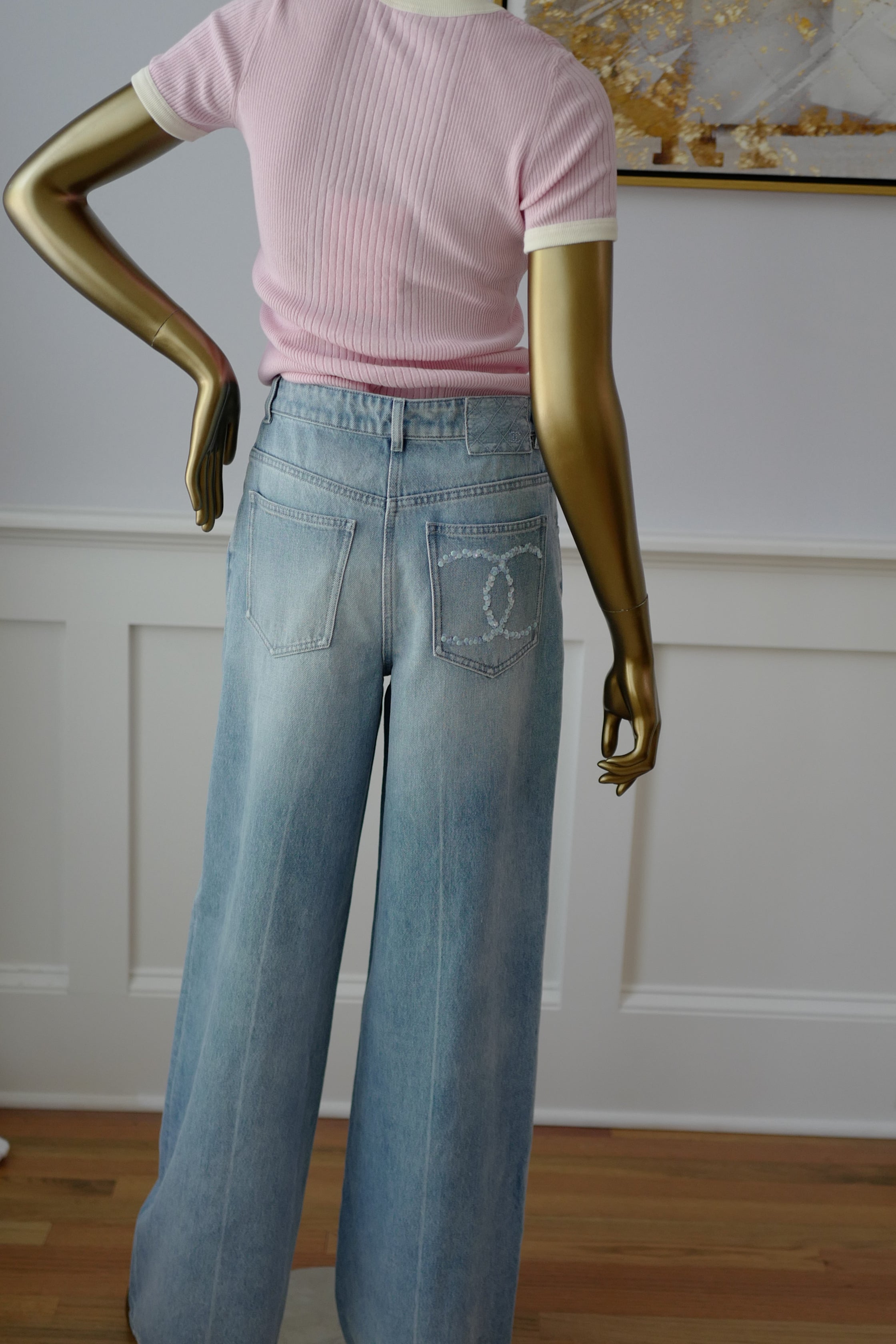 Chanel Printemps 25S CC Sequins Denim Jeans Wide Leg size 38