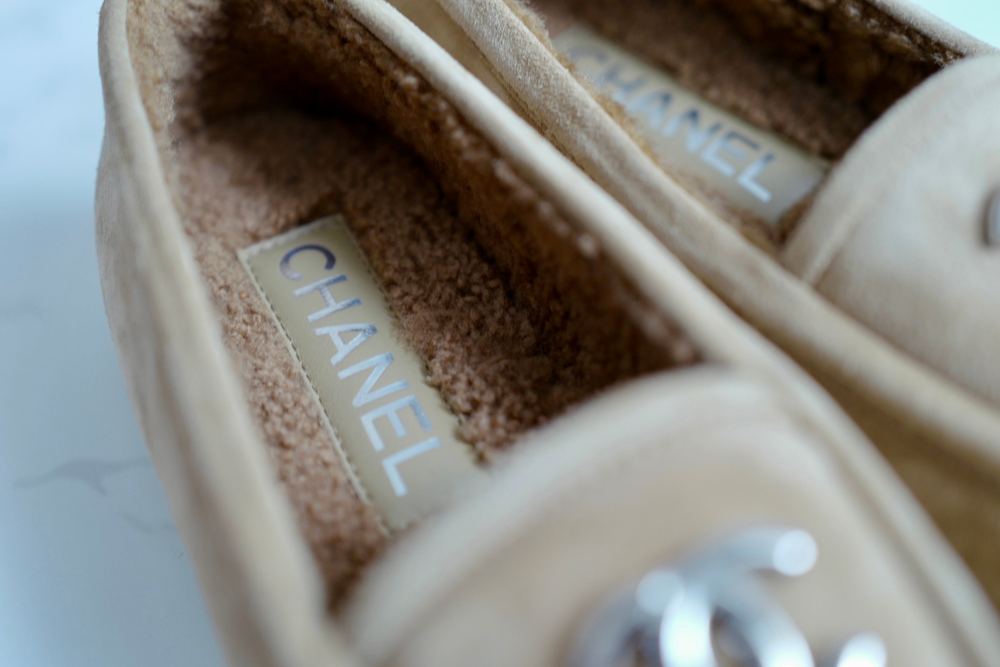 CHANEL 24K Shearling Lined Suede Calfskin CC Loafers Moccasins Shoes Size 38