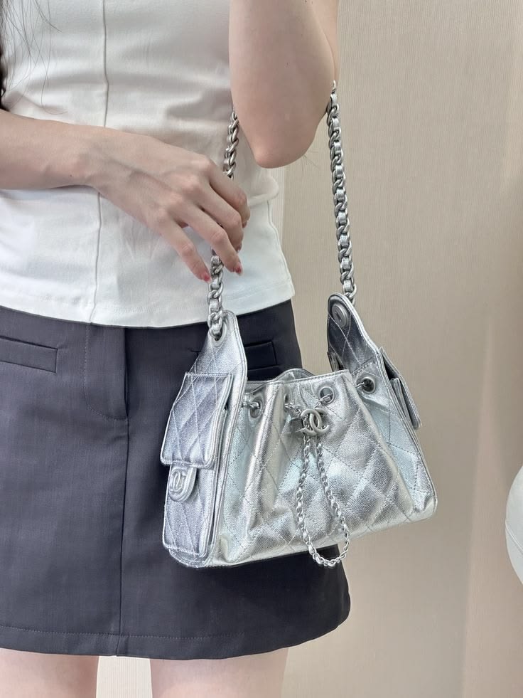 Chanel 26C Small Hobo Silver Metallic Grained Calfskin Silver Hardware