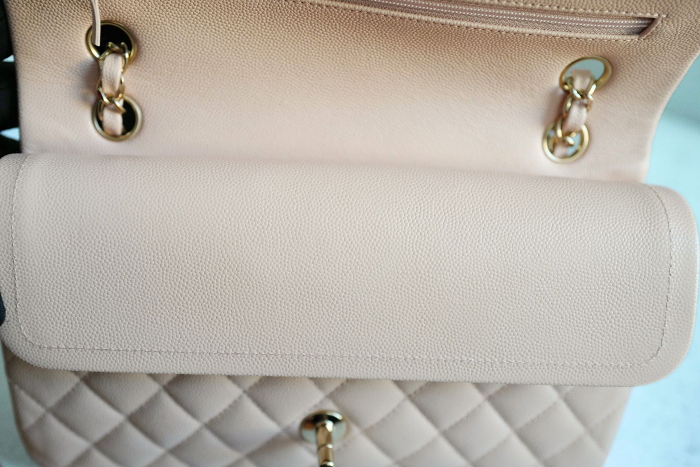 BNIB Chanel Medium Classic Double Flap Bag Beige Clair Grained Gold Hardware